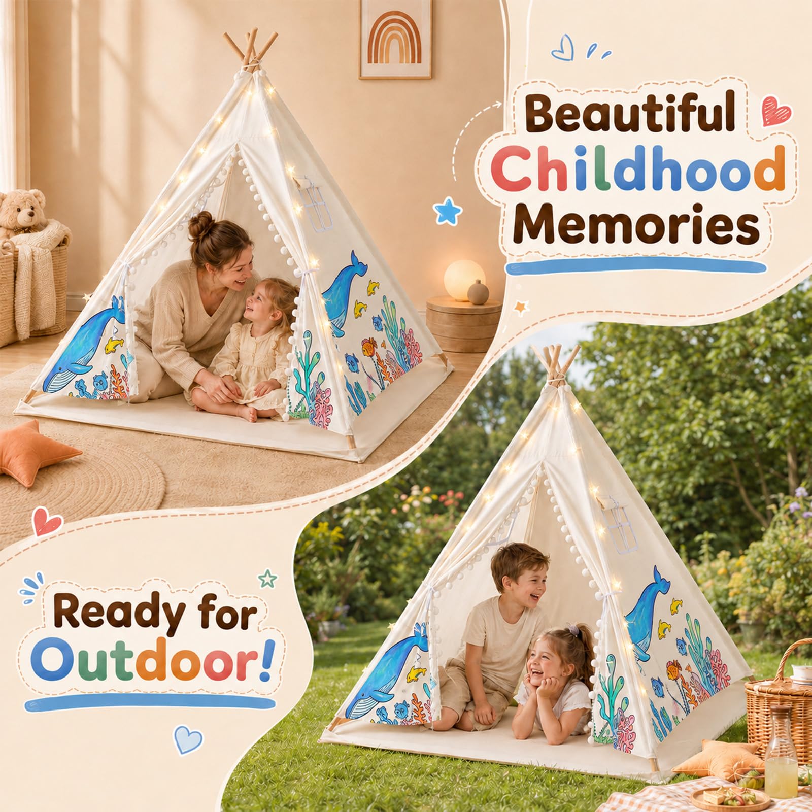 DIY Tipi Zelt für Kinder, Tippi Kinderzelt Indoor, 120x140cm Segeltuch Kinder Tipi Zelt, Spielhaus Wird mit Lichterketten, Bemalung und Aufbewahrungstasche geliefert für Drinnen Oder Draußen