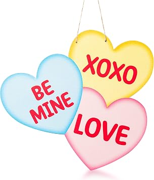 Haooryx Valentines Heart Shape Door Sign - Valentine Wooden Candy Heart Hanging Door Sign Plaque with Ropes Valentines Day Party Home Front Door Wall Window Porch Hanging Decoration Supplies