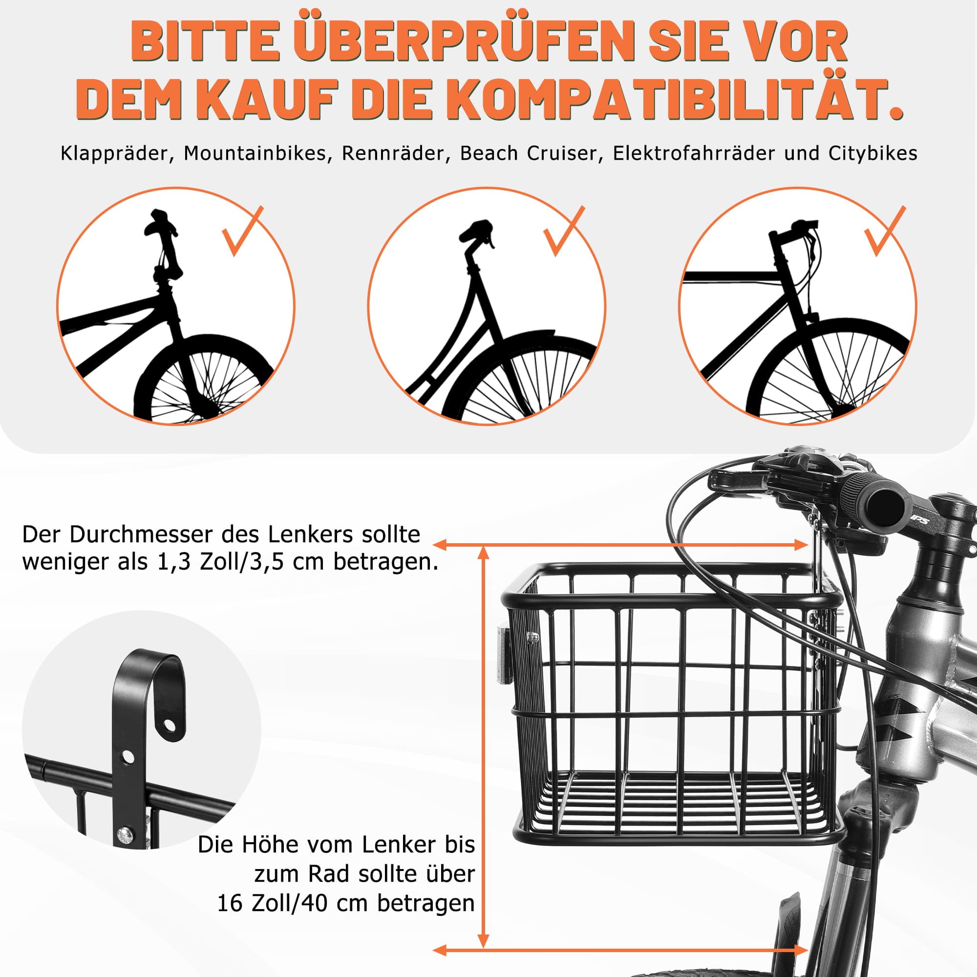 CDYWD Fahrradkorb Vorne für mit Herausnehmbarer Innentasche, Groß Lenkerkorb Fahrrad Herren & Damen, Korb Fahrrad Vorne für Ebike, Scooter, Mountainbike, Rennradfahren, Citybike, Beach Cruiser