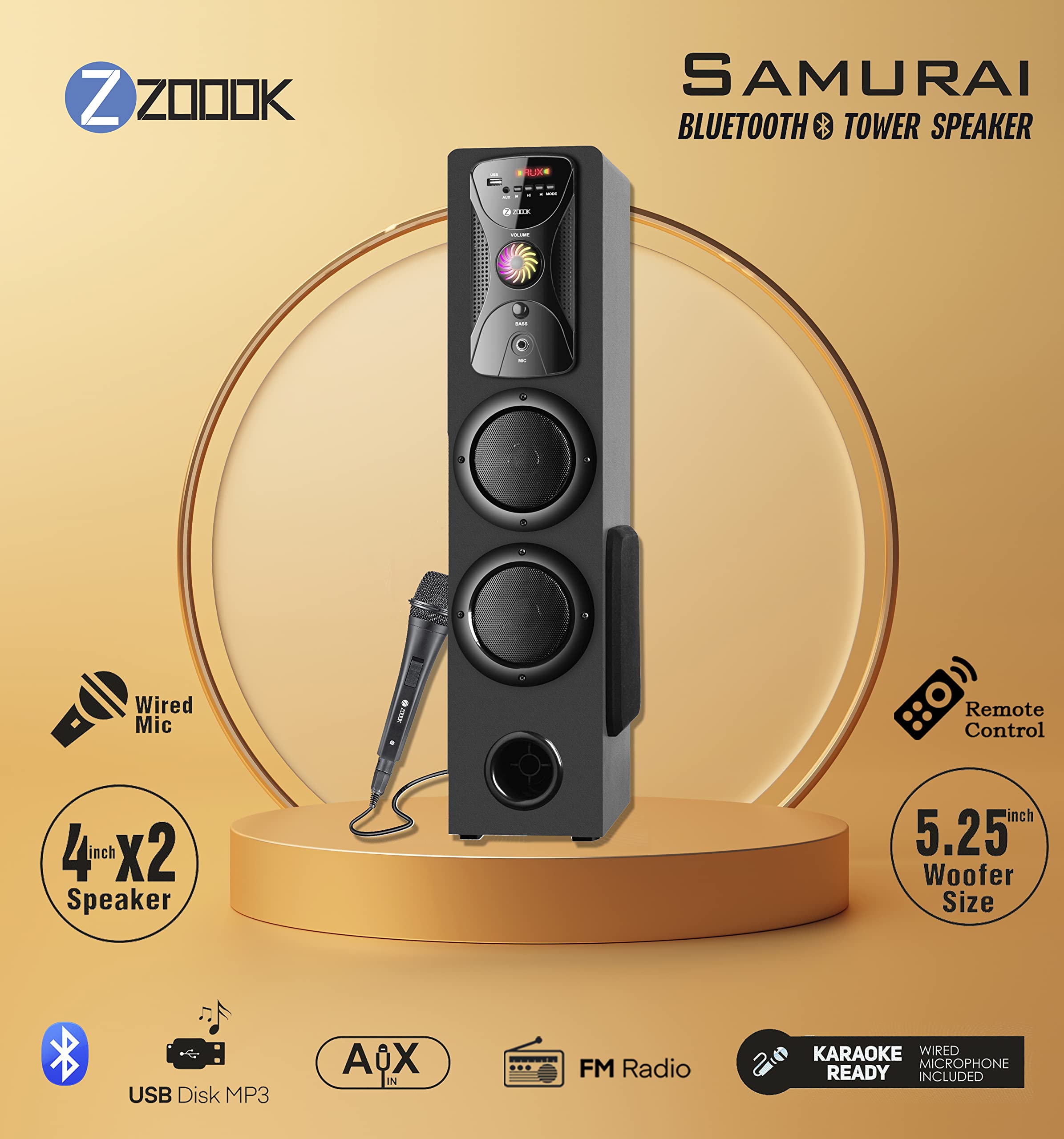 Zoook Samurai 60W Bluetooth Tower Speaker with Karaoke Mic/USB,FM