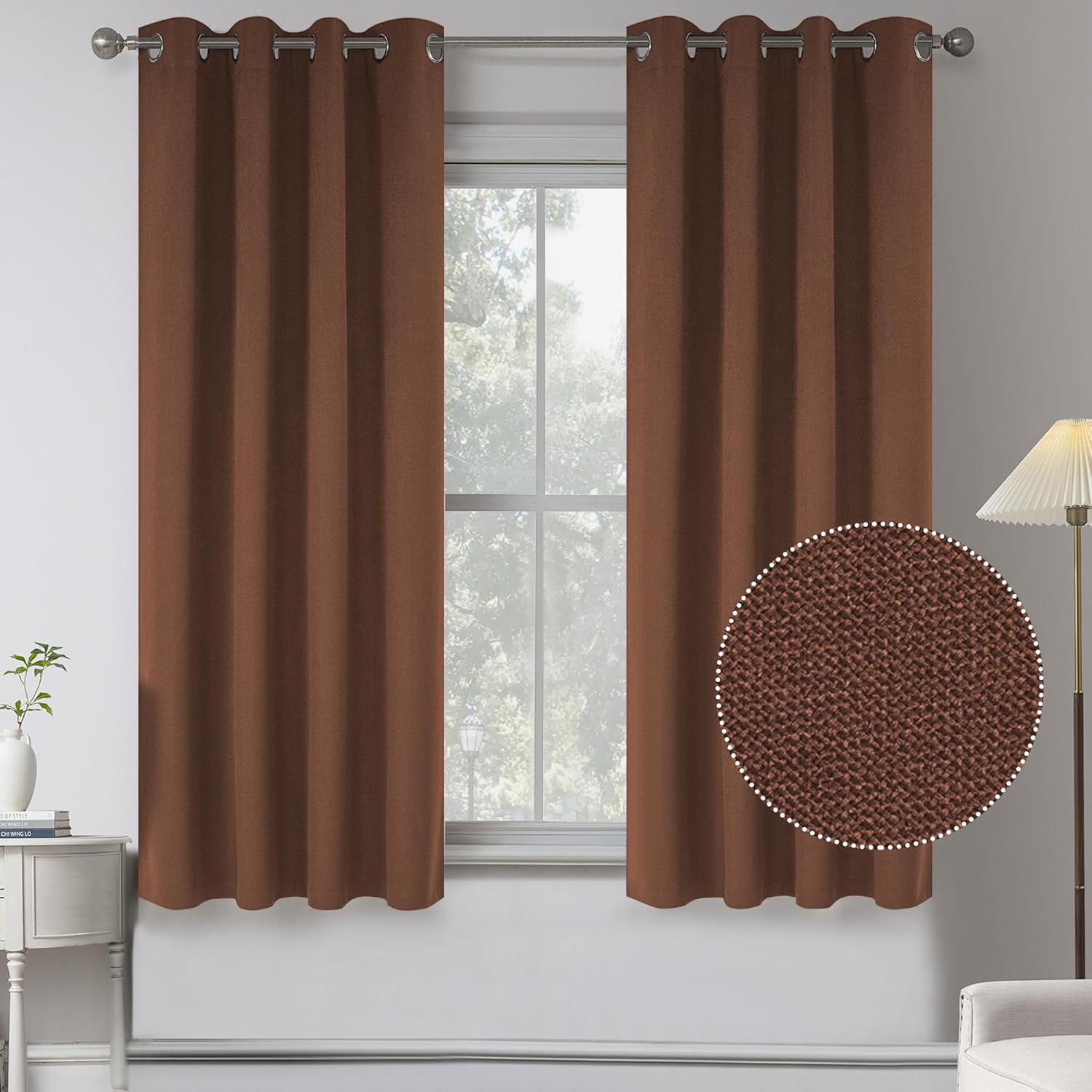 Faux Linen Texture Short Blackout Curtains for Kitchen - 2 Panels 100% Blackout Thermal Insulated Entryway Cottage Decor Solid Grommet Top Window Curtains for Bathroom (W 52 x L 45 Inch Long,Rust)
