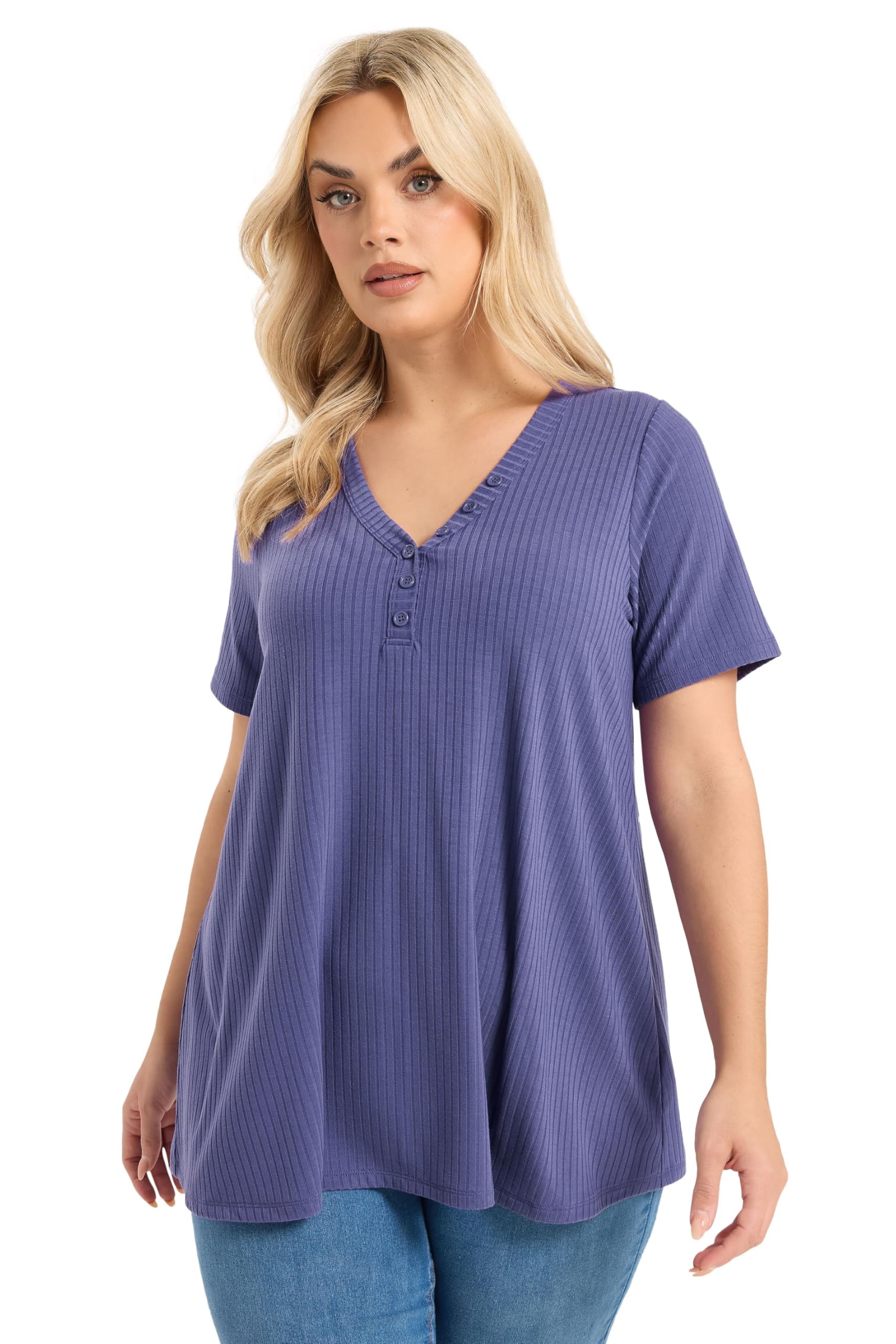 Yours Women's Purple Henley Short Sleeve T-Shirt In | Size: 26/28