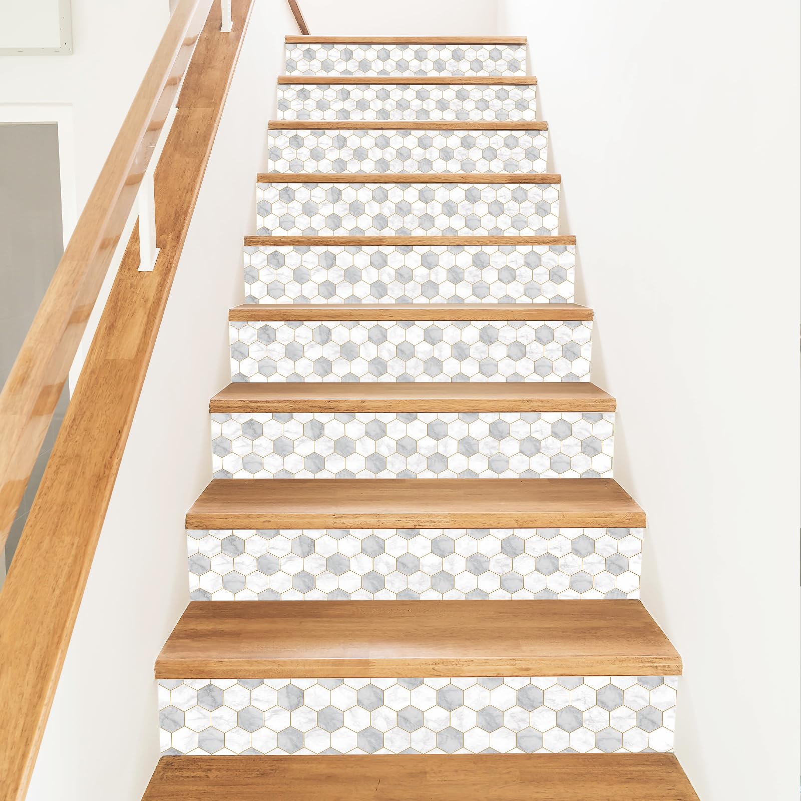 PLIGREAT 15 Strips Modern Style Stair Riser Decals, Peel and Stick Stair Stickers for Steps 18x100cm Self-Adhesive Vinyl Honeycomb Marble Staircase Murals for Home Hotel Decor