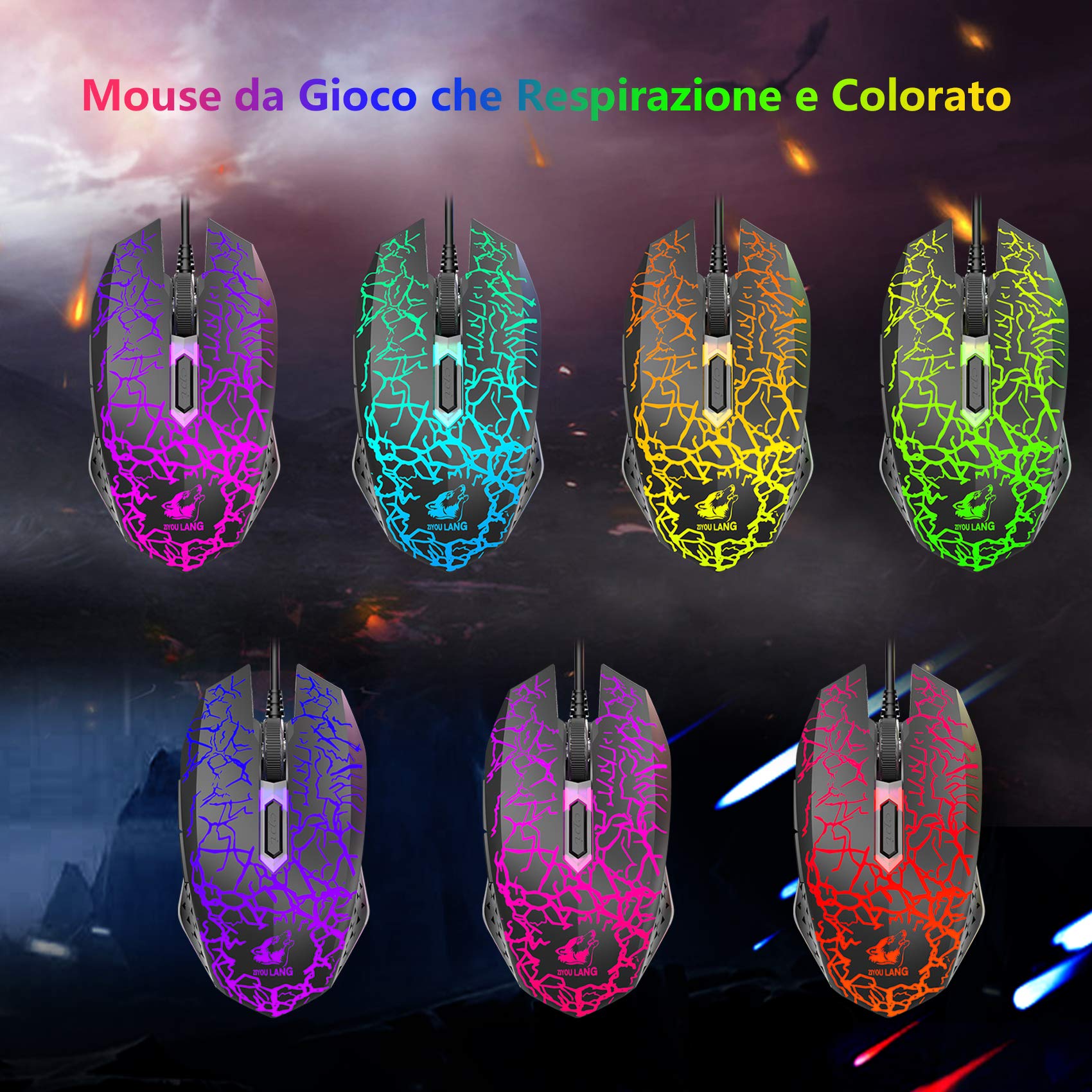 Gaming Tastatur Und Maus Set, Italienisches Layout Regenbogen LED Hintergrundbeleuchtung Ergonomische Keyboard 6 Tasten 2400 DPI Maus und Mauspad, USB Verkabelt, Kompatibel mit PS4 Xbox, Schwarz