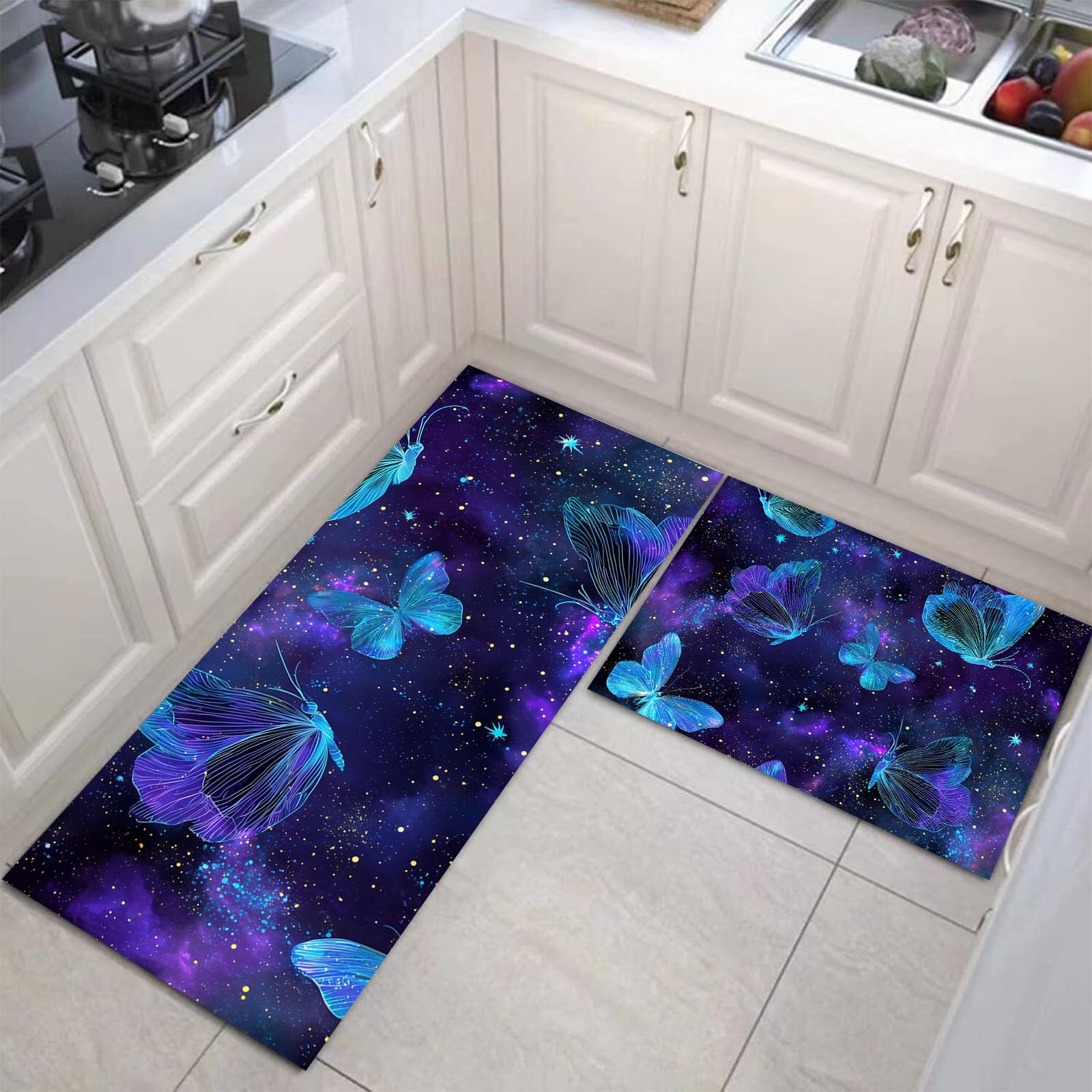 Tapetes de cocina antifatiga violetas JEDTAKCT juego de 2 alfombras con diseño de mariposa