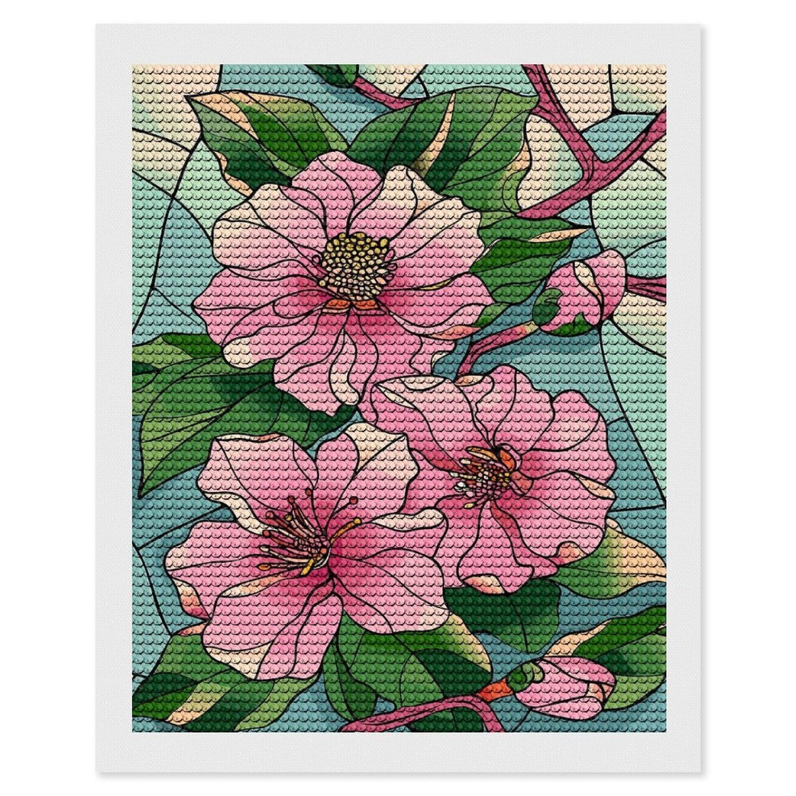 Junmoney Stained Glass Pink Flowers and Leaves Diamond Art Canvas 16"x20", for Adults, Printed Canvas, Home Wall Decor, Gift Idea, Mindful Craft Activity