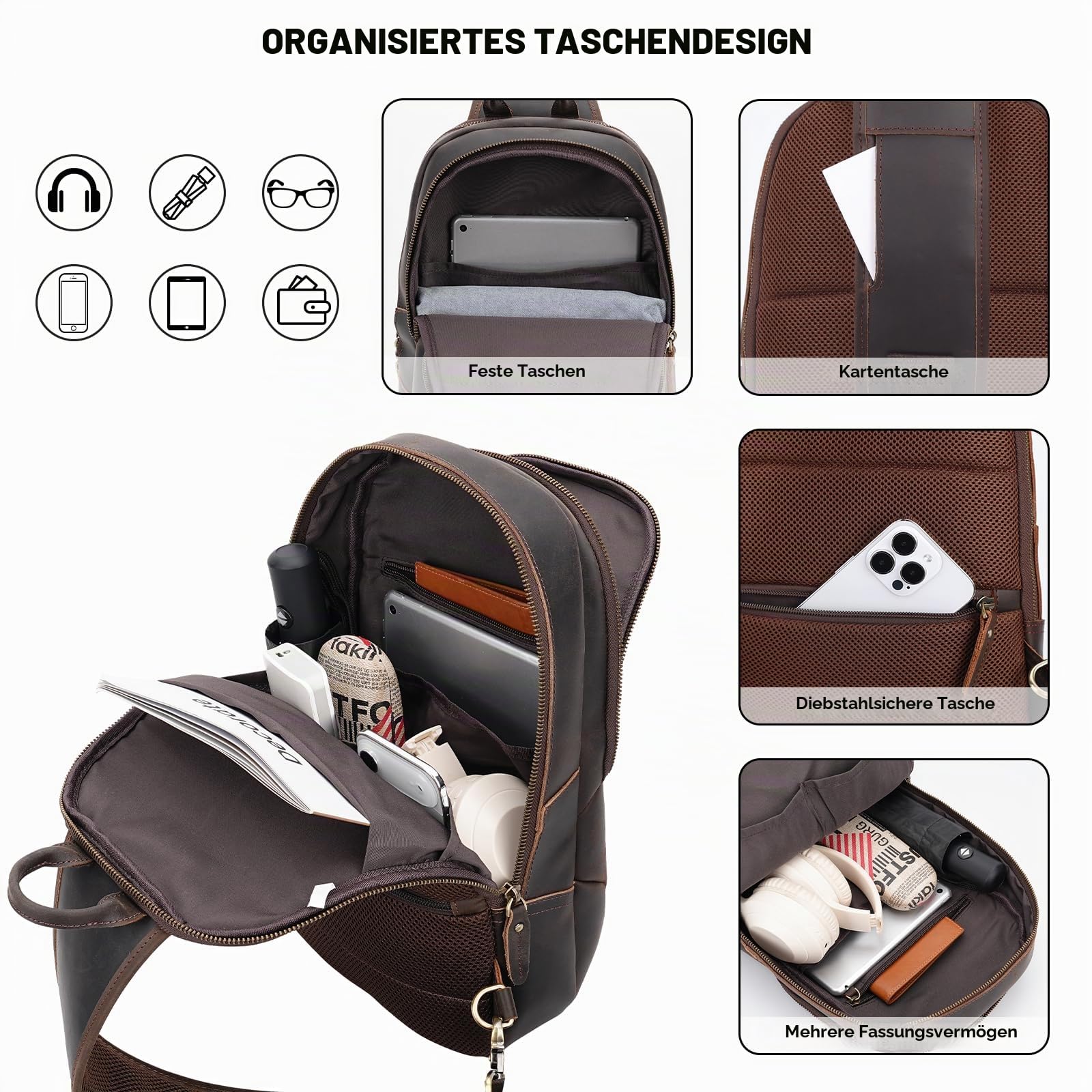 TIDING Umhängetasche aus Leder für Herren, Umhängetasche, Diebstahlschutz, kleiner Rucksack für Reisen, Arbeit, Alltag