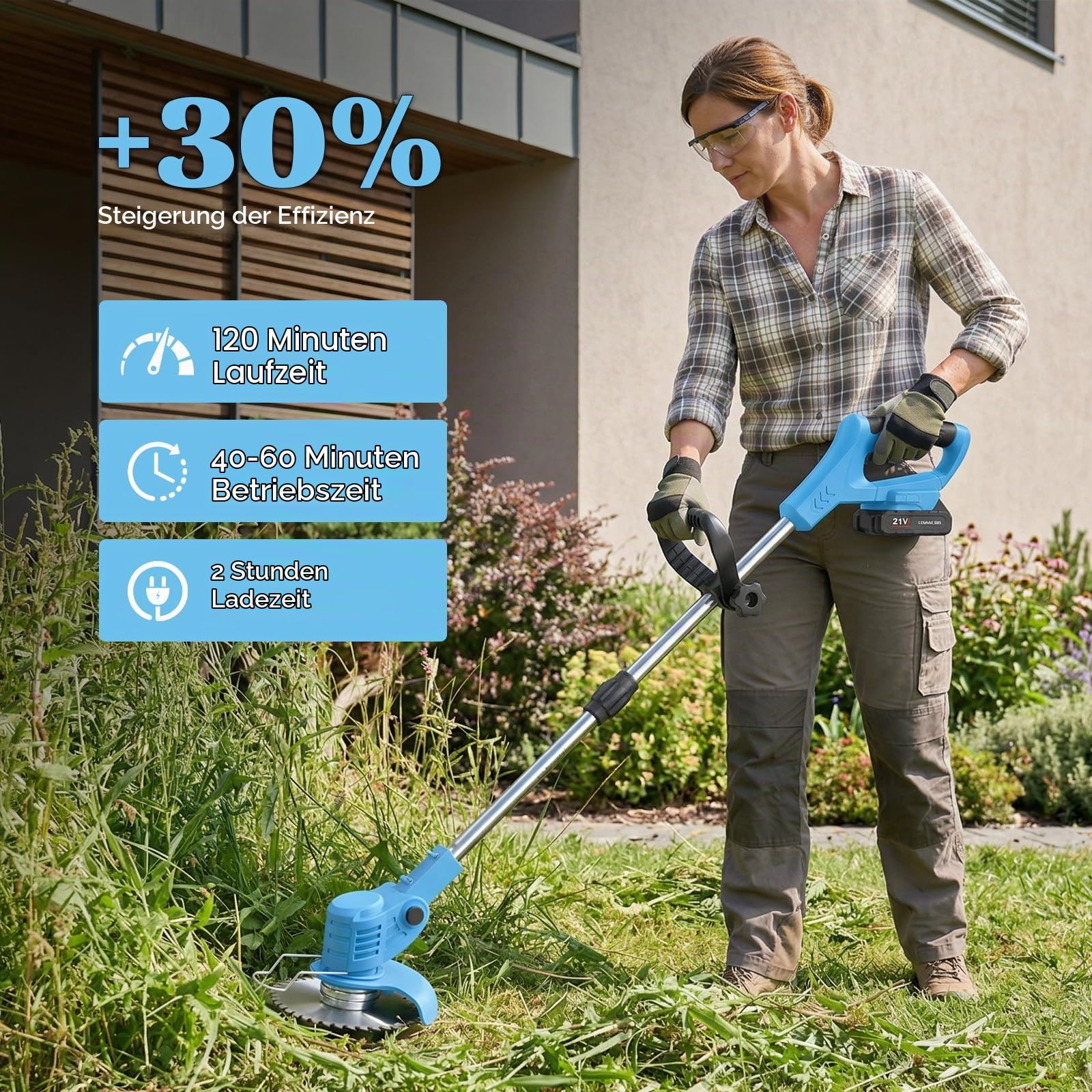Akku Rasentrimmer 21V, Elektrischer Grasschneider Faltbar mit Teleskopstange, 380W, 7800 RPM, Schnittbreite 15cm, 20-50min Laufzeit, Leise, Kantenschneider für Garten Rasen Hof Unkraut (2 Batterien)