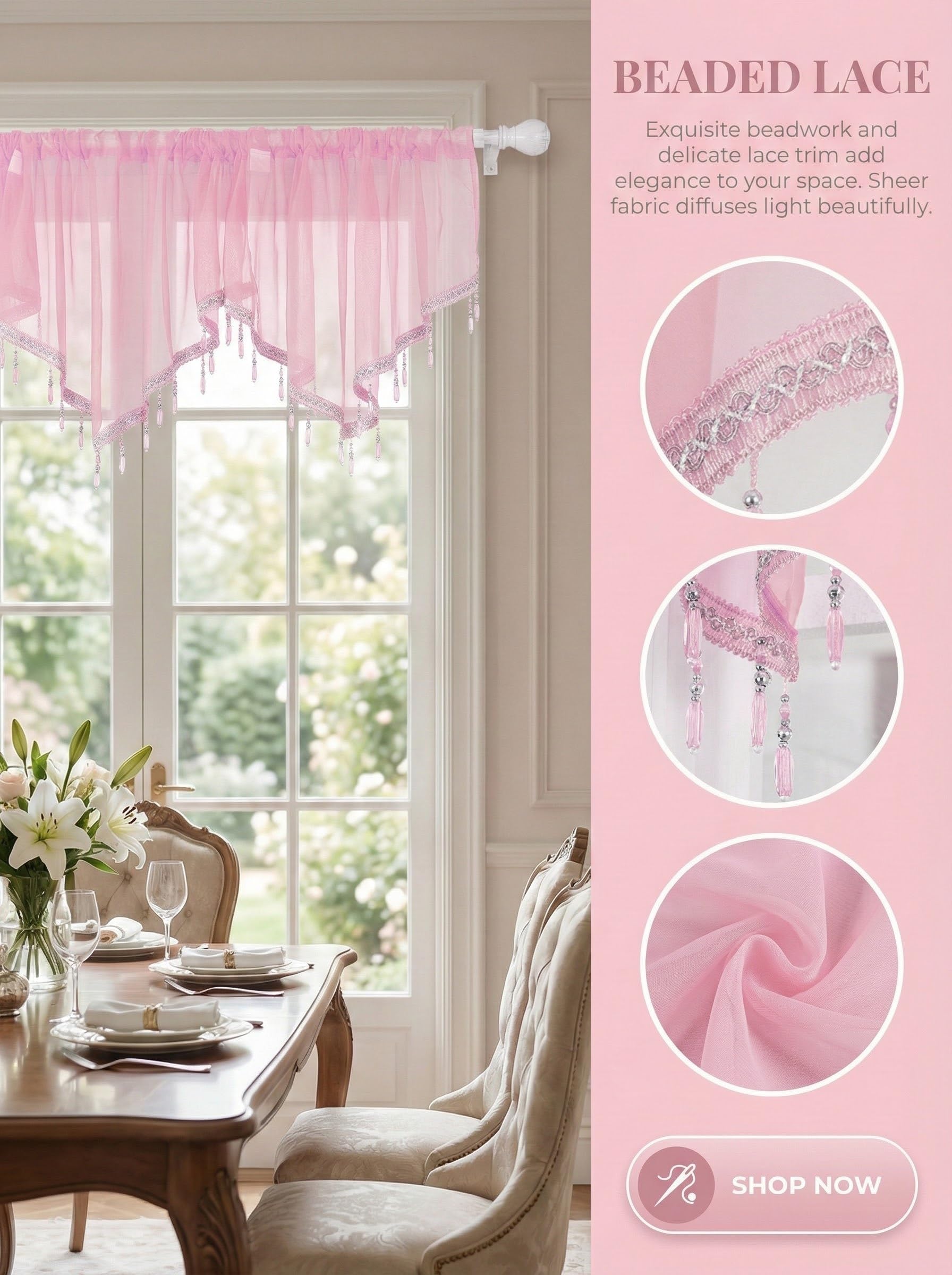 Molaxhome Swag Curtain Scalloped Curtain Valance Drape Sheer Lace Panel 1pc, Pink, W 51.2" x L 23.6" (1 Panels) - Image 5