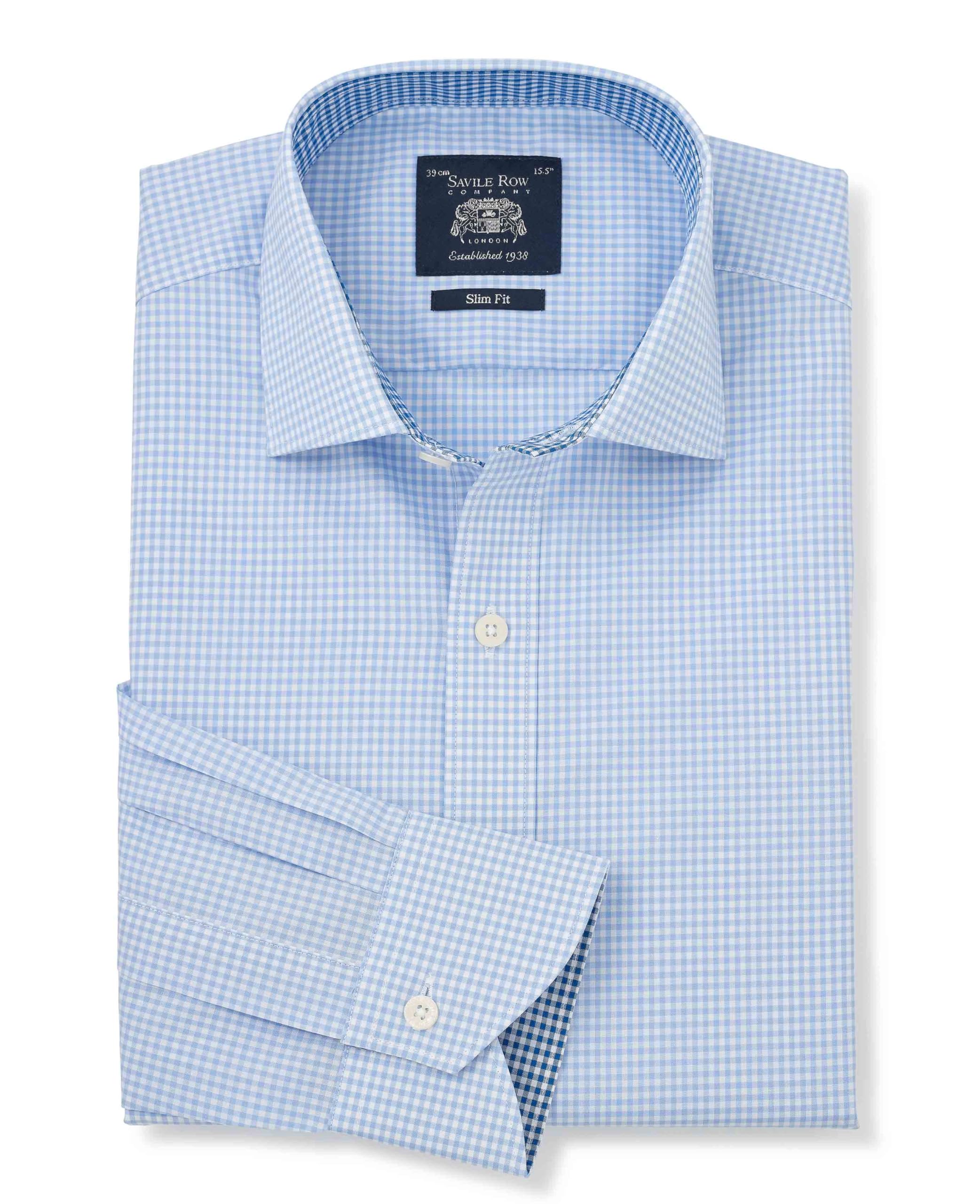 THE SAVILE ROW COMPANY LONDON Men's Slim Fit Cotton Poplin Single Cuff Formal Shirt - Sky Blue Gingham Check - 15.5" Collar - Standard