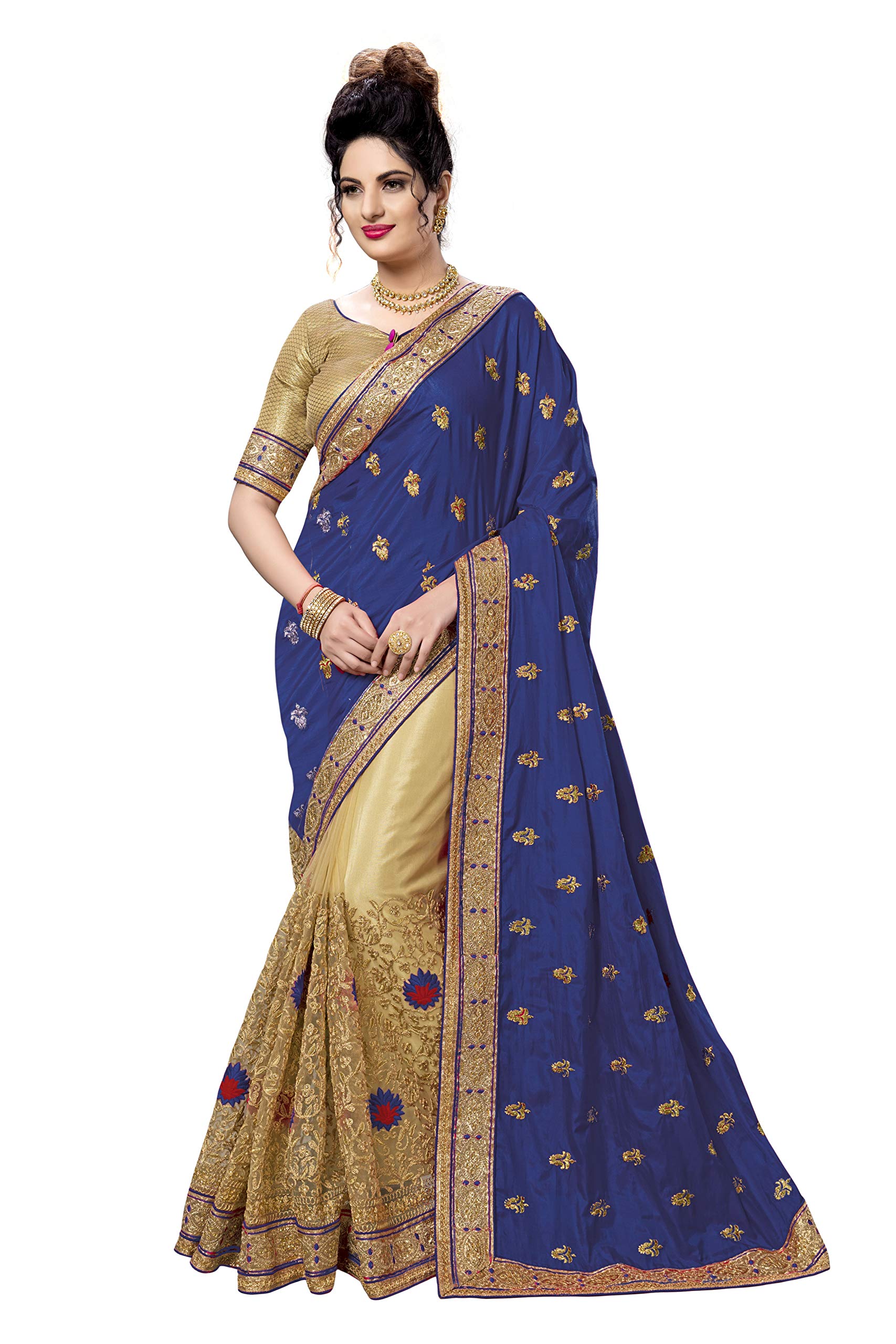 Nivah FashionWomen's Silk Embroidery Saree with Unstitched Blouse Piece (NH.K812-Blue)