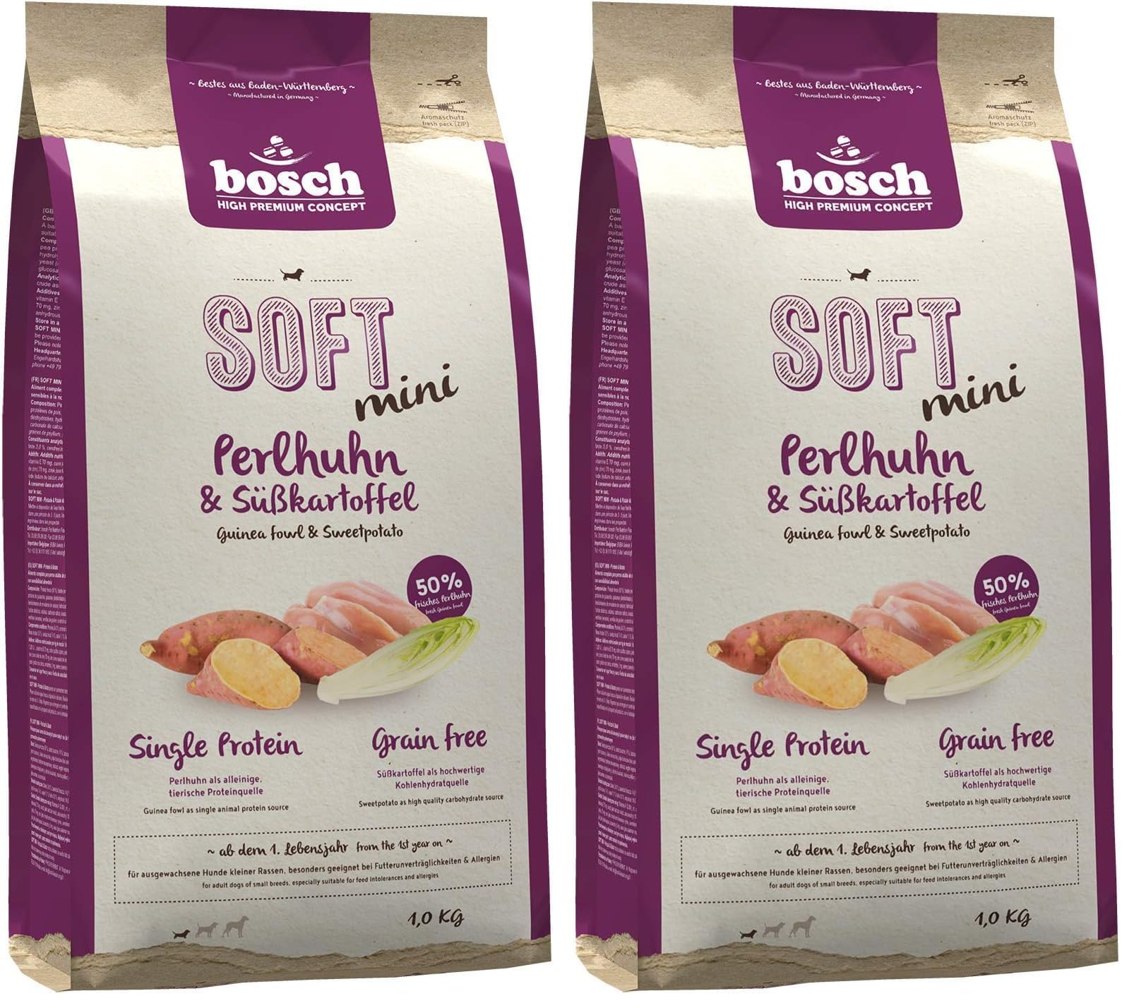 bosch HPC SOFT Mini Faraona e patata dolce | Cibo semi-umido per cani adulti di piccola taglia | Proteina singola | Senza cereali | 1 x 1000 g (Confezione da 2)