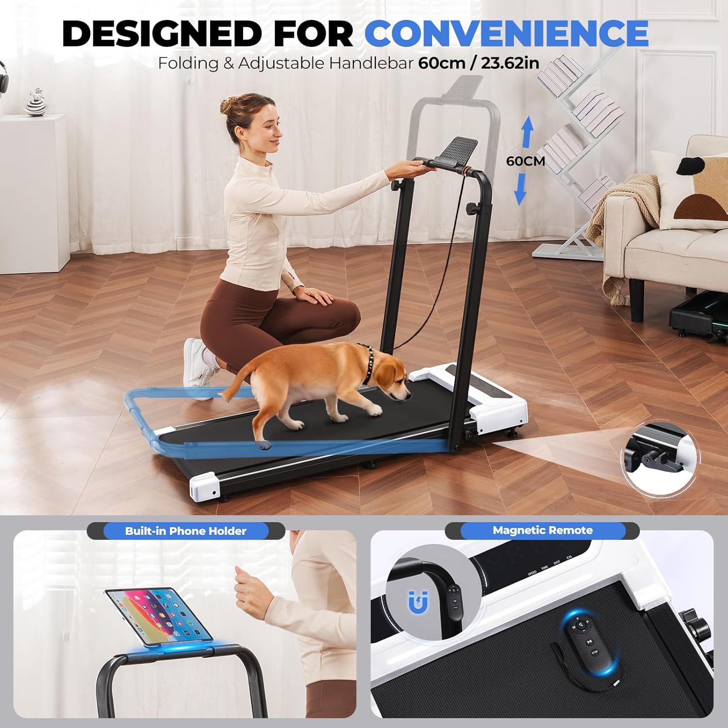 GTPLAYER Walking Pad Treadmill with Adjustable Height Handle Bar, 3HP Quiet Foldable Under Desk Treadmill, Portable Treadmills for Home 350LBS with Remote Control LED Display