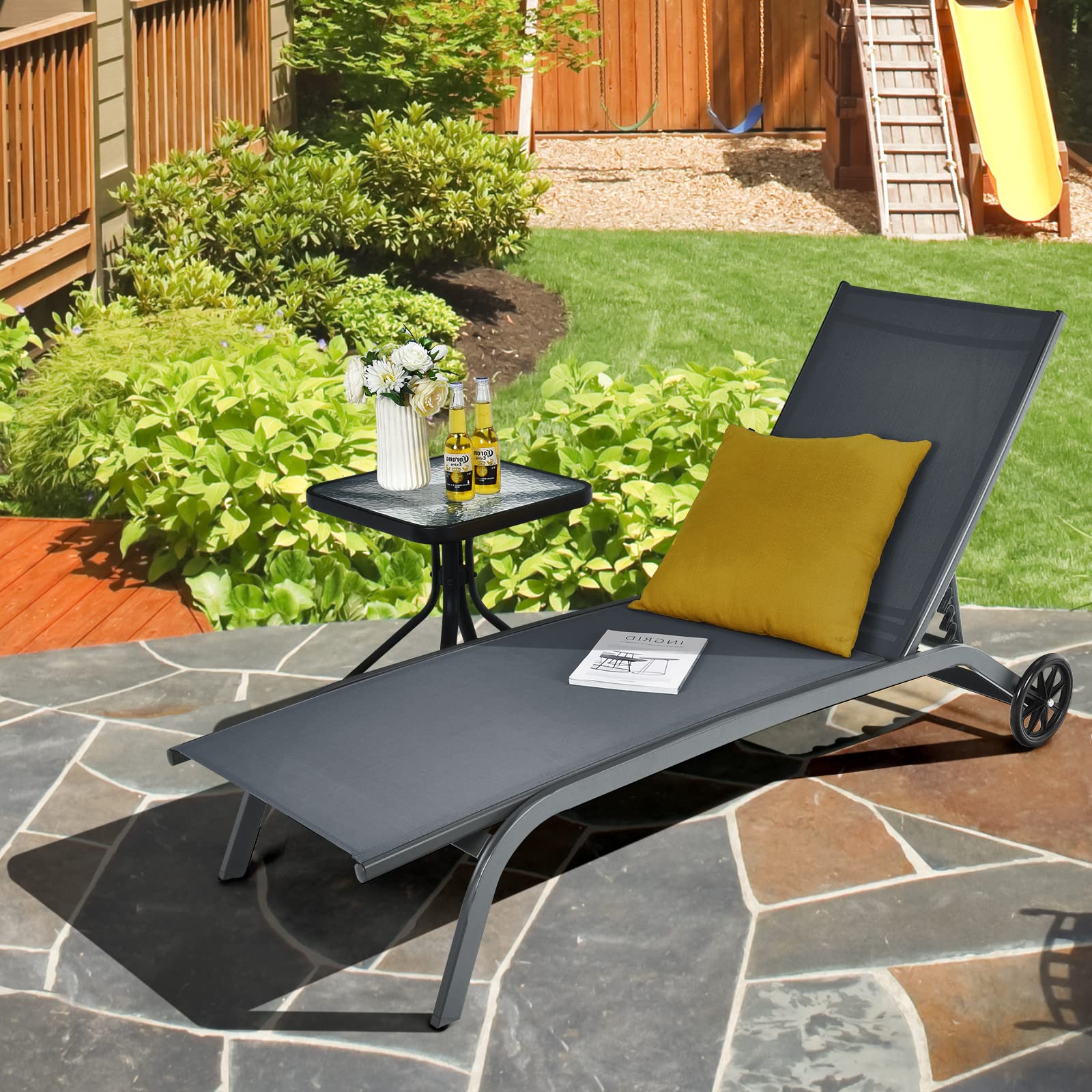 GOPLUS Transat Jardin Exterieur avec Dossier Réglable en 6 Positions, 191 x 187 x 35,5 CM, Bain de Soleil en Textilène Durable avec 2 Roue, Charge 150 KG, pour Piscine, Terrasse (1, Gris)