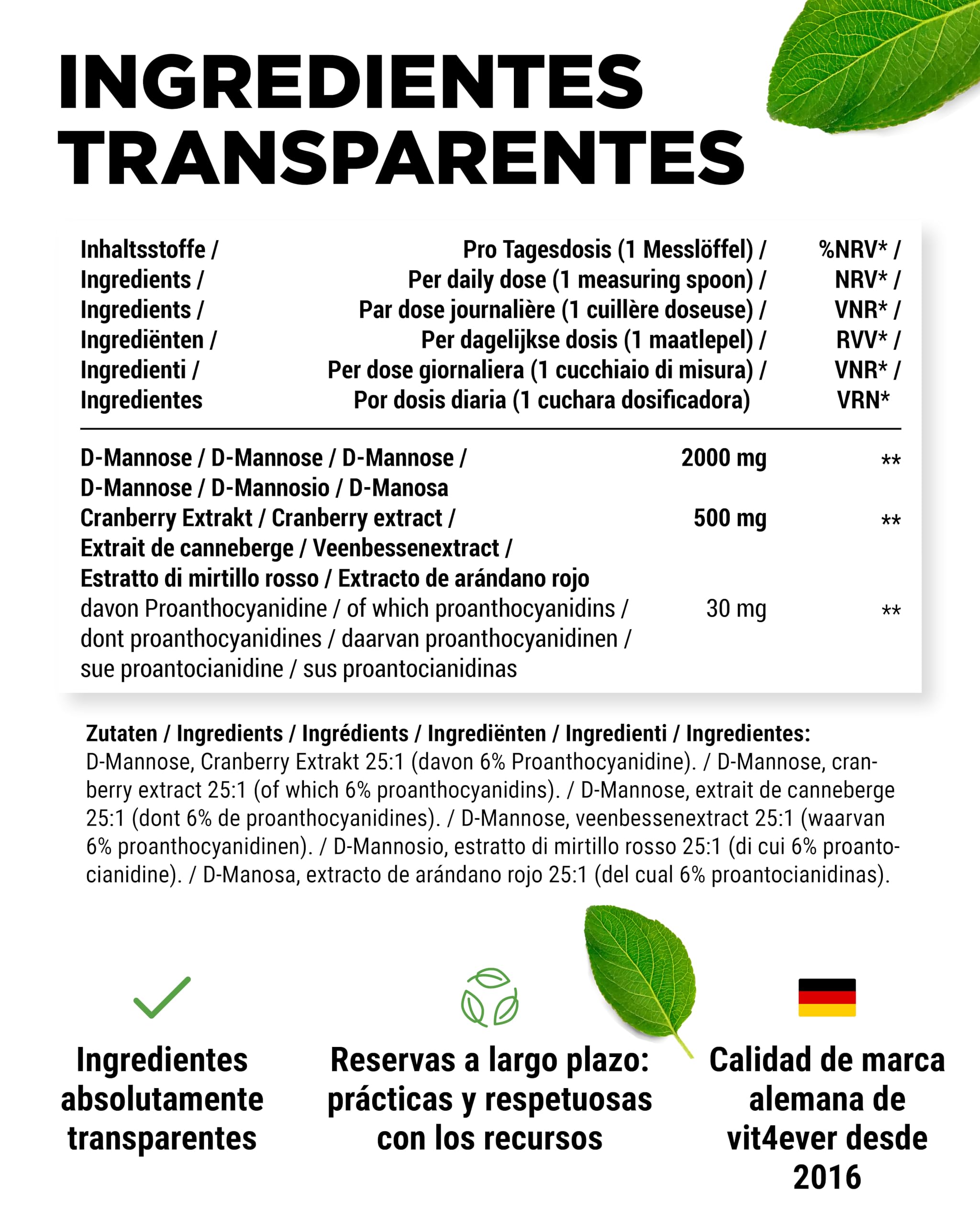 vit4ever D-Manosa en Polvo con Extracto de Arándano Rojo (Cranberry) - Alta Dosis con 2000 mg de D-Manosa y 500 mg de Arándano Rojo - 300 g de Polvo - 120 Aplicaciones - Vegano