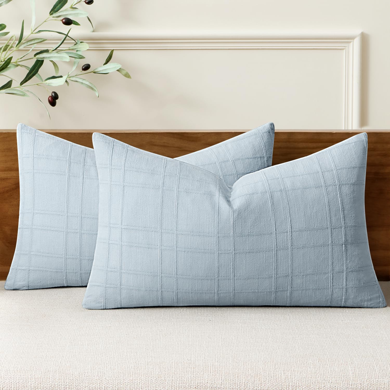 MIULEE Linen Plaid Pillow Covers Decorative Lumbar 12x20 Coastal Blue