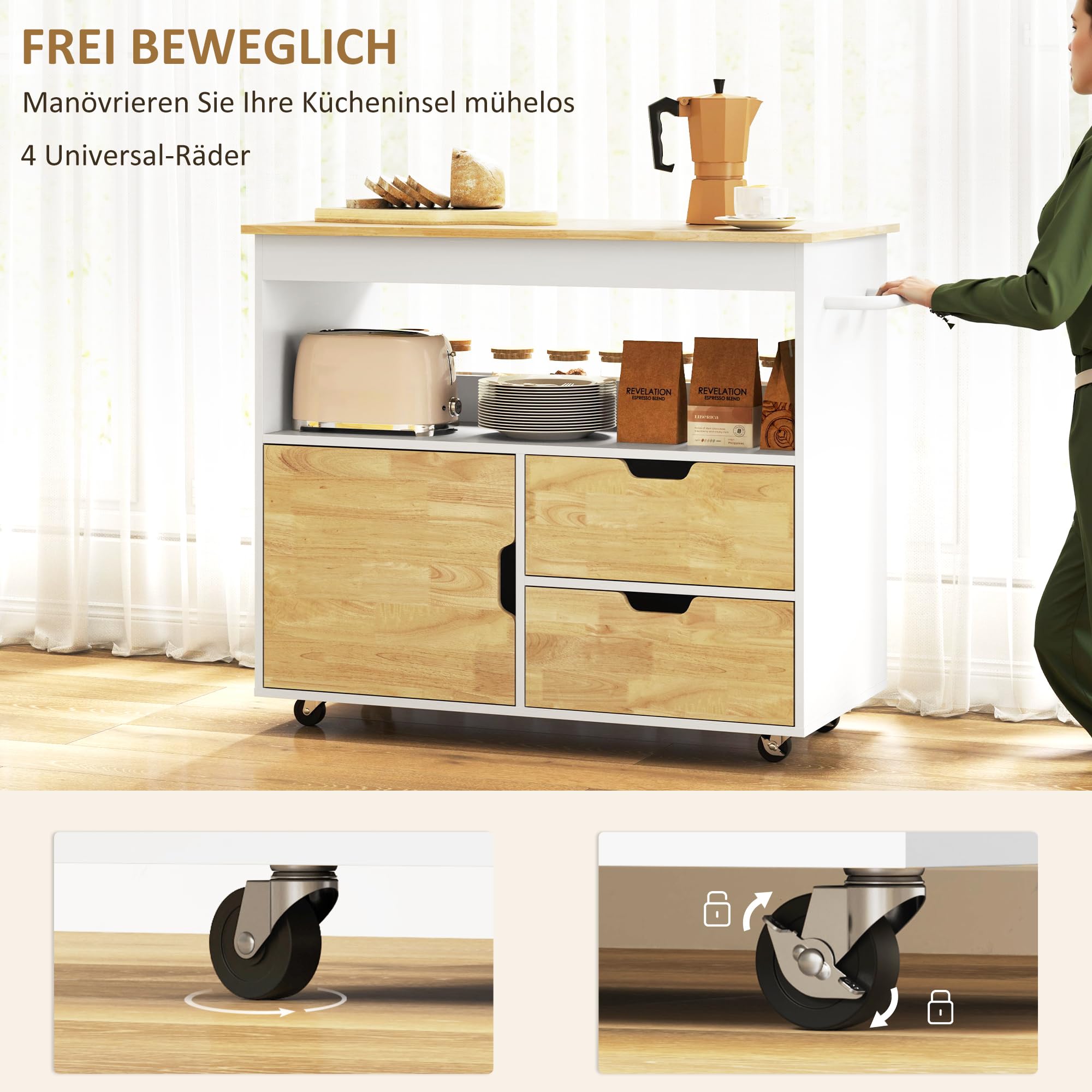 HOMCOM Küchenwagen mit Arbeitsplatte Schubladen Griff 107x50x85cm Eiche