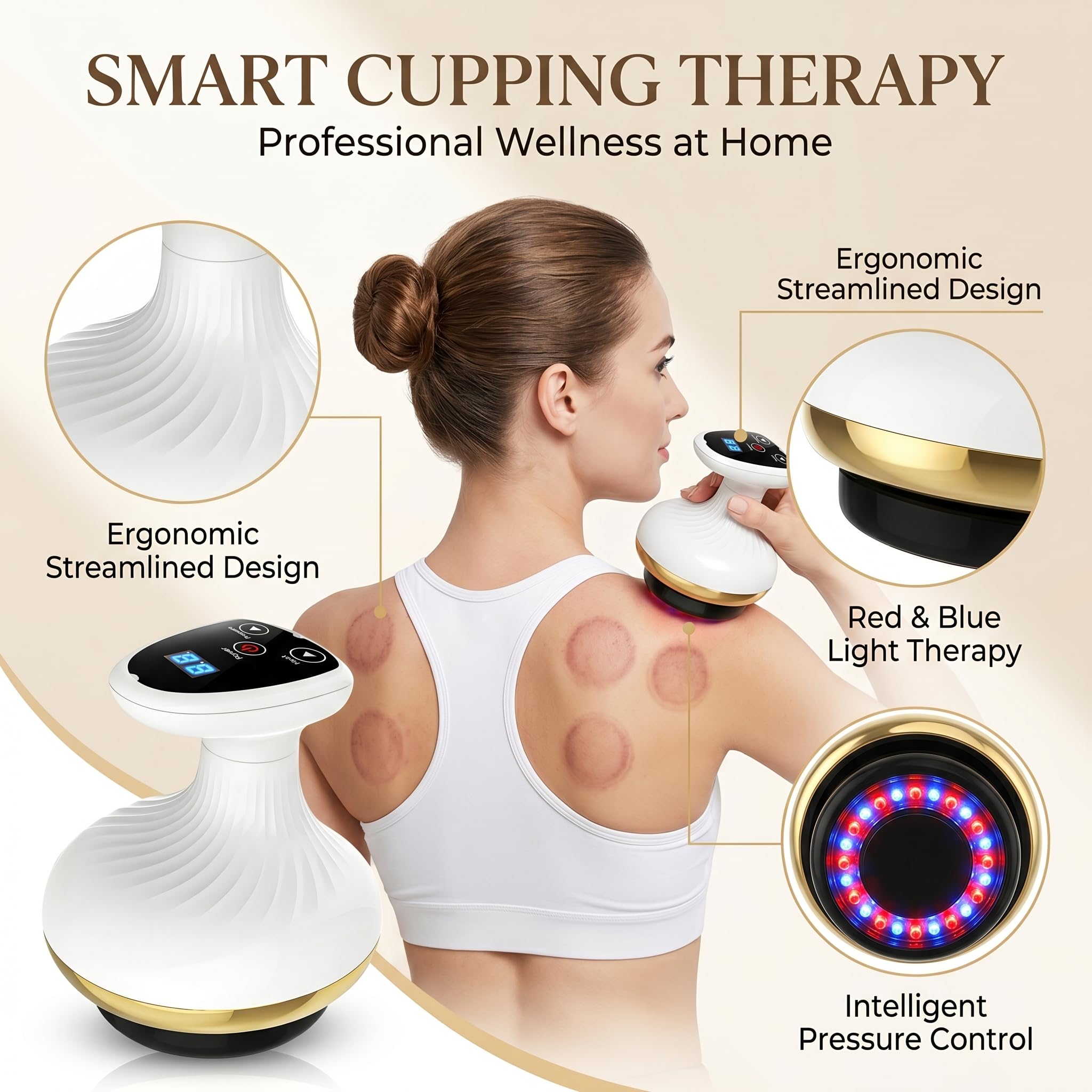 Cellulite Massager 4-in-1, Vakuum Massagegerät mit 9 Stufen Wärmetherapie & Rot-Blau-LED, Anti-Cellulite Gerät für Körperstraffung Lymphdrainage Durchblutung, kabellos für Gua Sha & Schröpfen