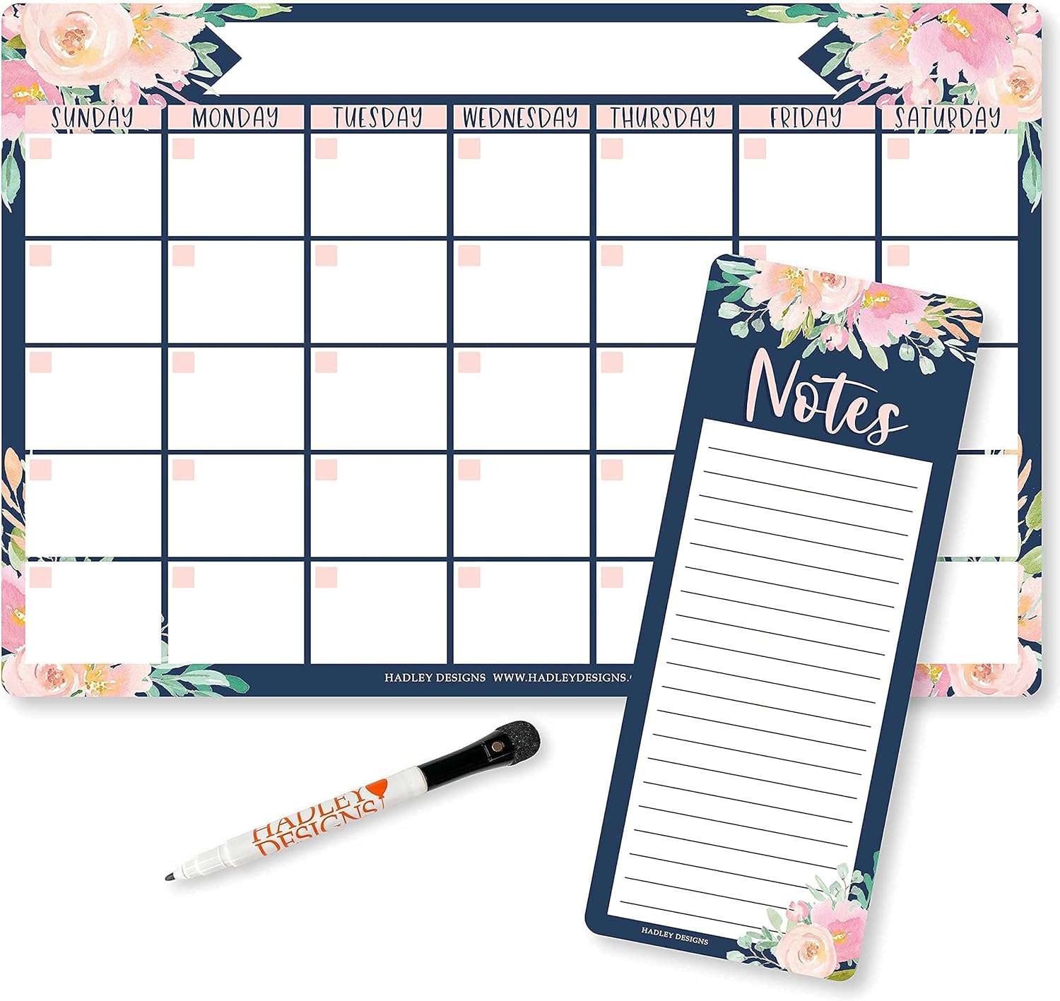 Navy Floral Magnetic Dry Erase Calendar for Fridge, Magnetic Meal Planner for Refrigerator, Weekly Whiteboard Calendar for Wall, Monthly Calendar Dry Erase Board and Meal Planning Magnet for Fridge : Office Products
