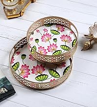 Two Moustaches Metal Lotus Flowers Design Serving Trays Set (8 Inches & 10 Inches),Serving Plates for Home,Platters for Tea/Coffee/Fruits/Snacks,Decorative Pichwai Tray,Multicolored,(Pack of 2),Round