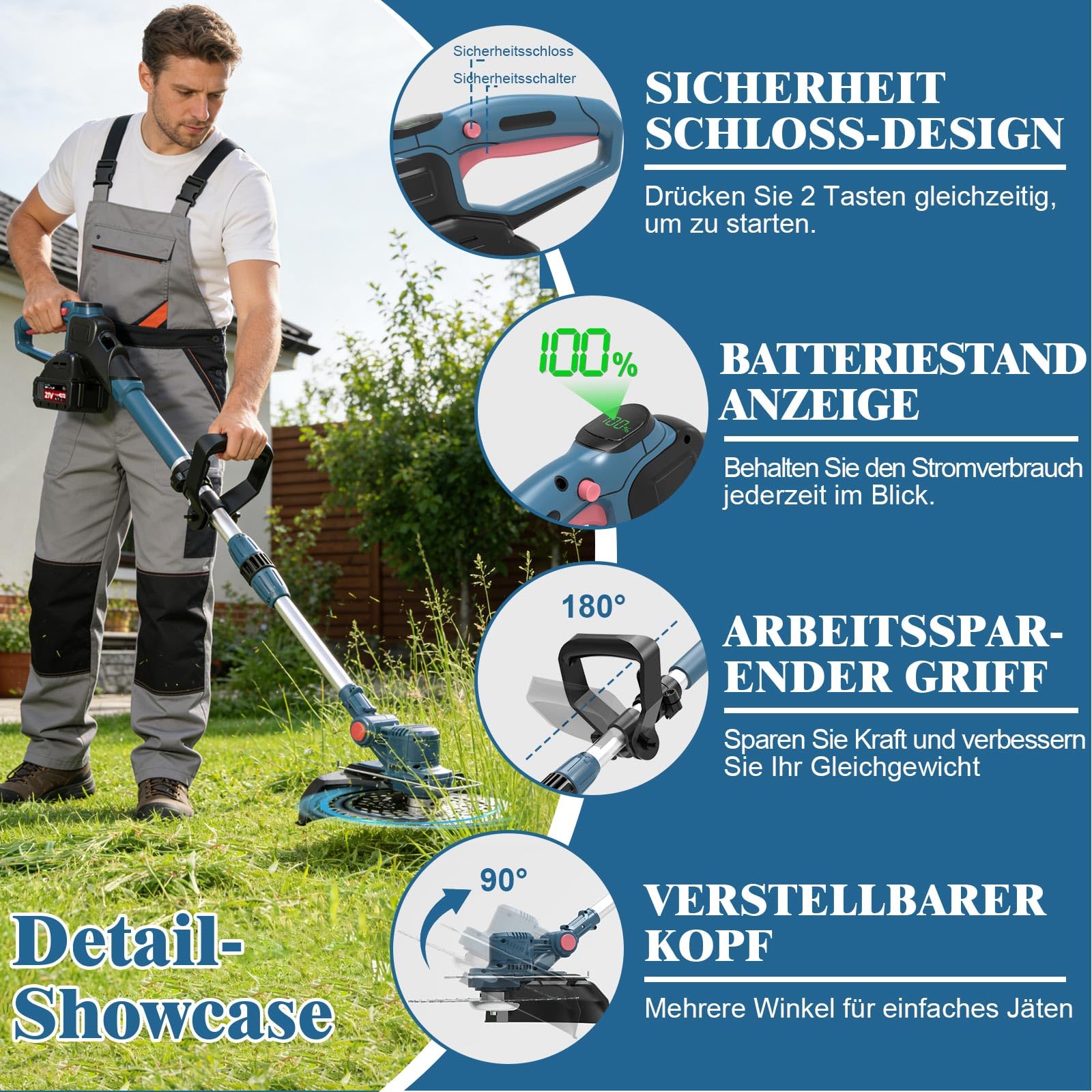 Rasentrimmer mit Akku, Akku Rasentrimmer für Makita-Akkus mit 5 Klingentypen, 21V Rasentrimmer mit Unkrautbürste, mit 2X4.0Ah Akku Freischneider, Tap&Go M10 x 1,25, für Garden Trimmen