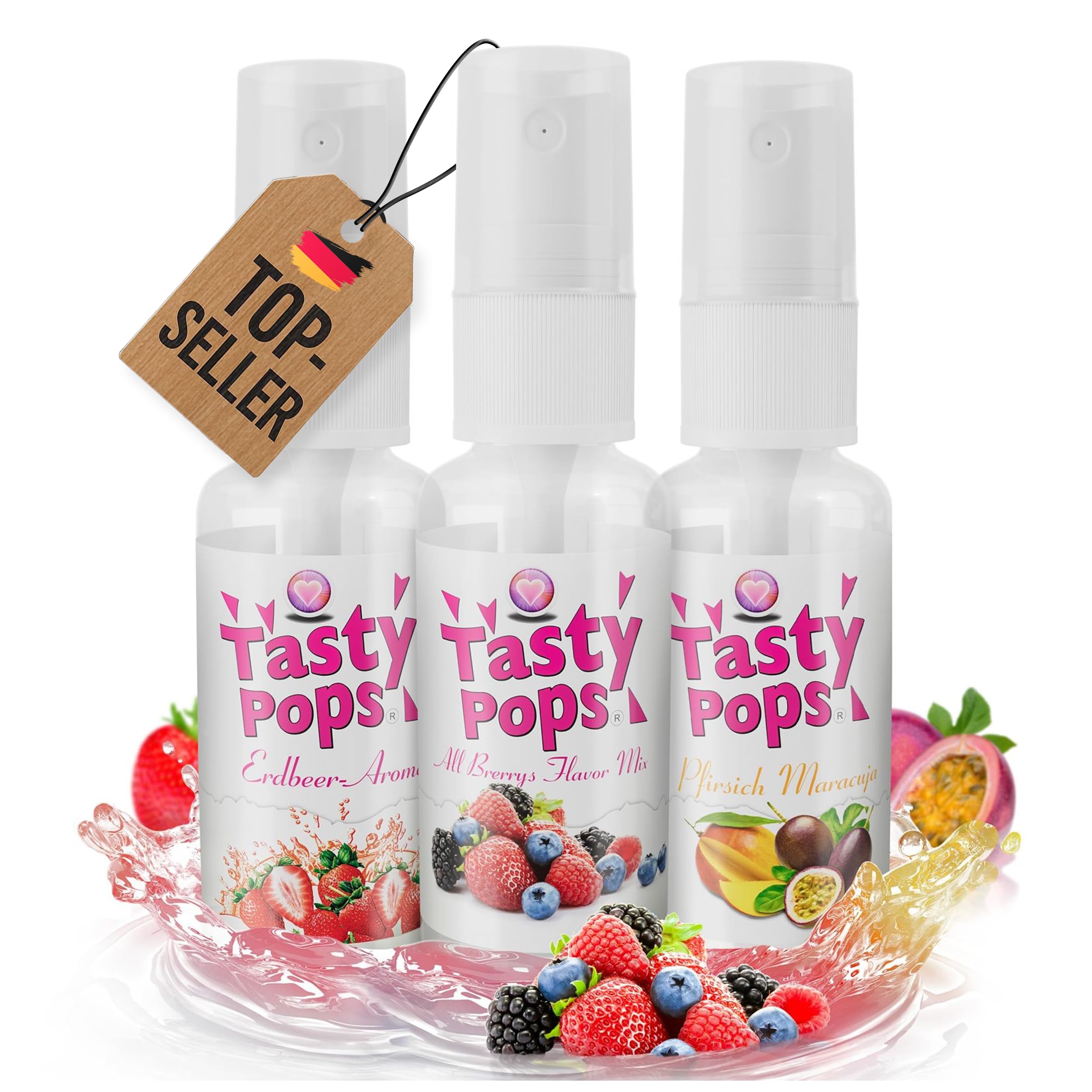 Geschmacks- und Körperspray - auf Wasserbasis - Geschmacksspray Körper für sie und ihn - 100% vegan - Set Best-Of (All Berrys, Erdbeere, Pfirsich-Maracuja)