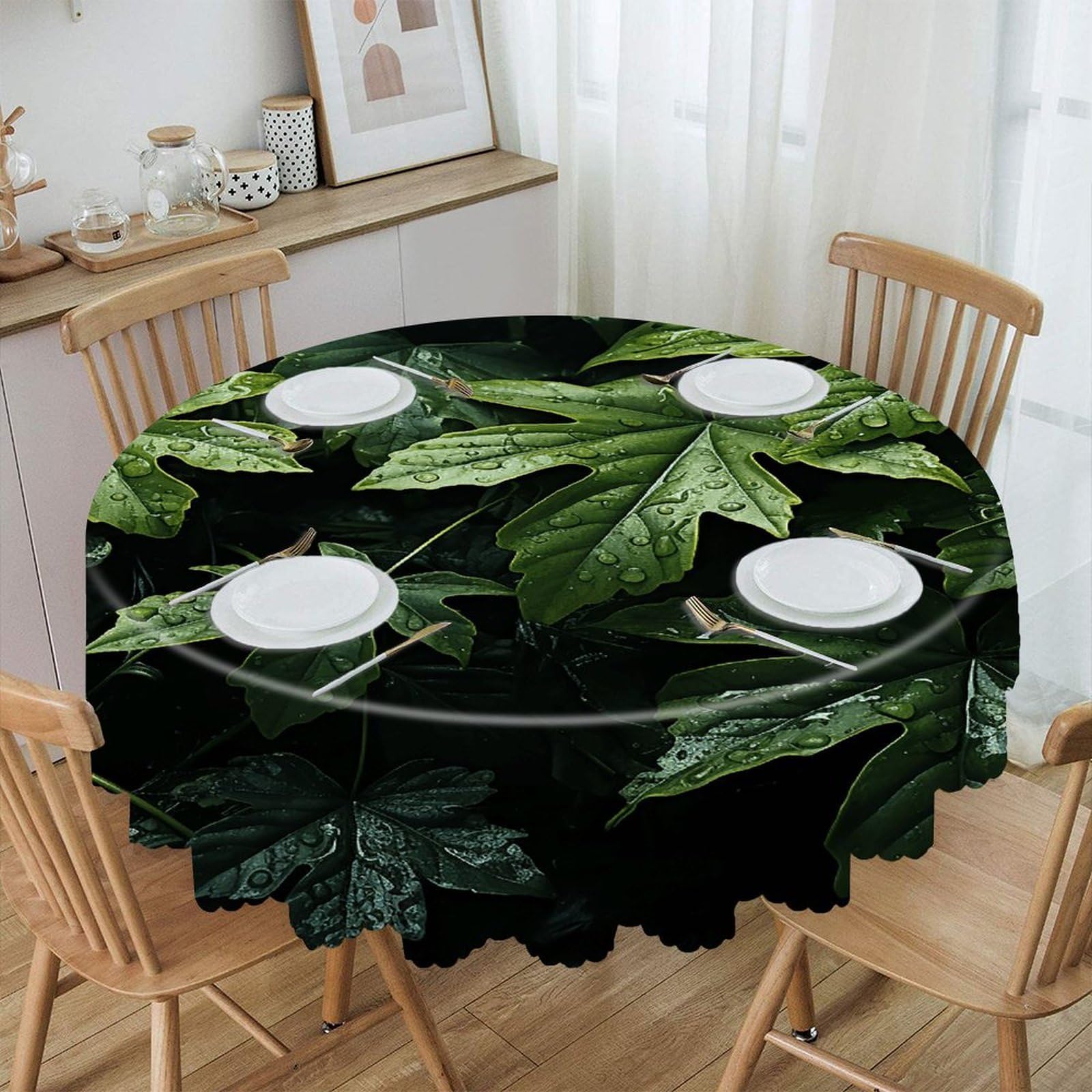 VstaDank Green Leaves Pattern Round Tablecloth Wipeable Round Polyester Tablecloth Waterproof Wrinkle Free Indoor and Outdoor Table Cover 60 Inch Decorative Farmhouse Table Cloth for Dining