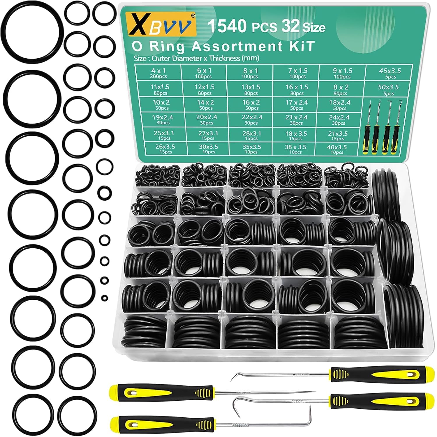 O-Rings Kit 1540 Pcs 32 Size Nitrile Rubber O-Ring Assortment with 4 Hook Set for Car Auto Vehicle Repair