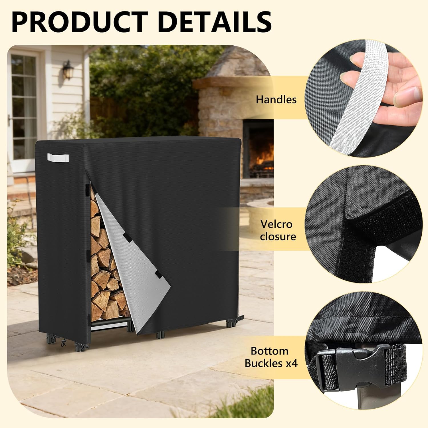 AKEfit 4ft Firewood Racks Cover,Heavy Duty Waterproof Outdoor Logs Holder Stand Cover with Velcro-Black