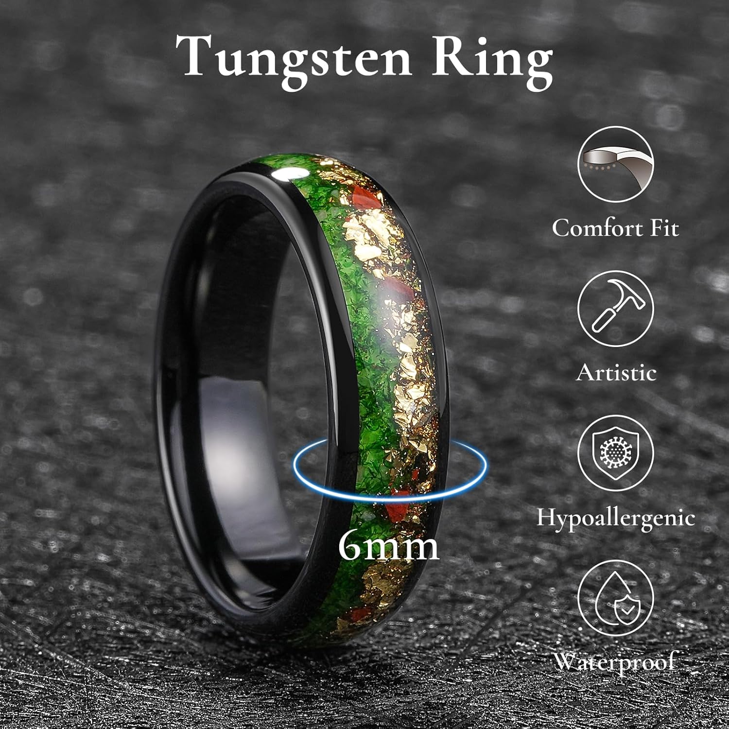 King Will Tungsten Rings Black Mens Wedding Band Opal Stones Gold Foils Inlay - Image 2