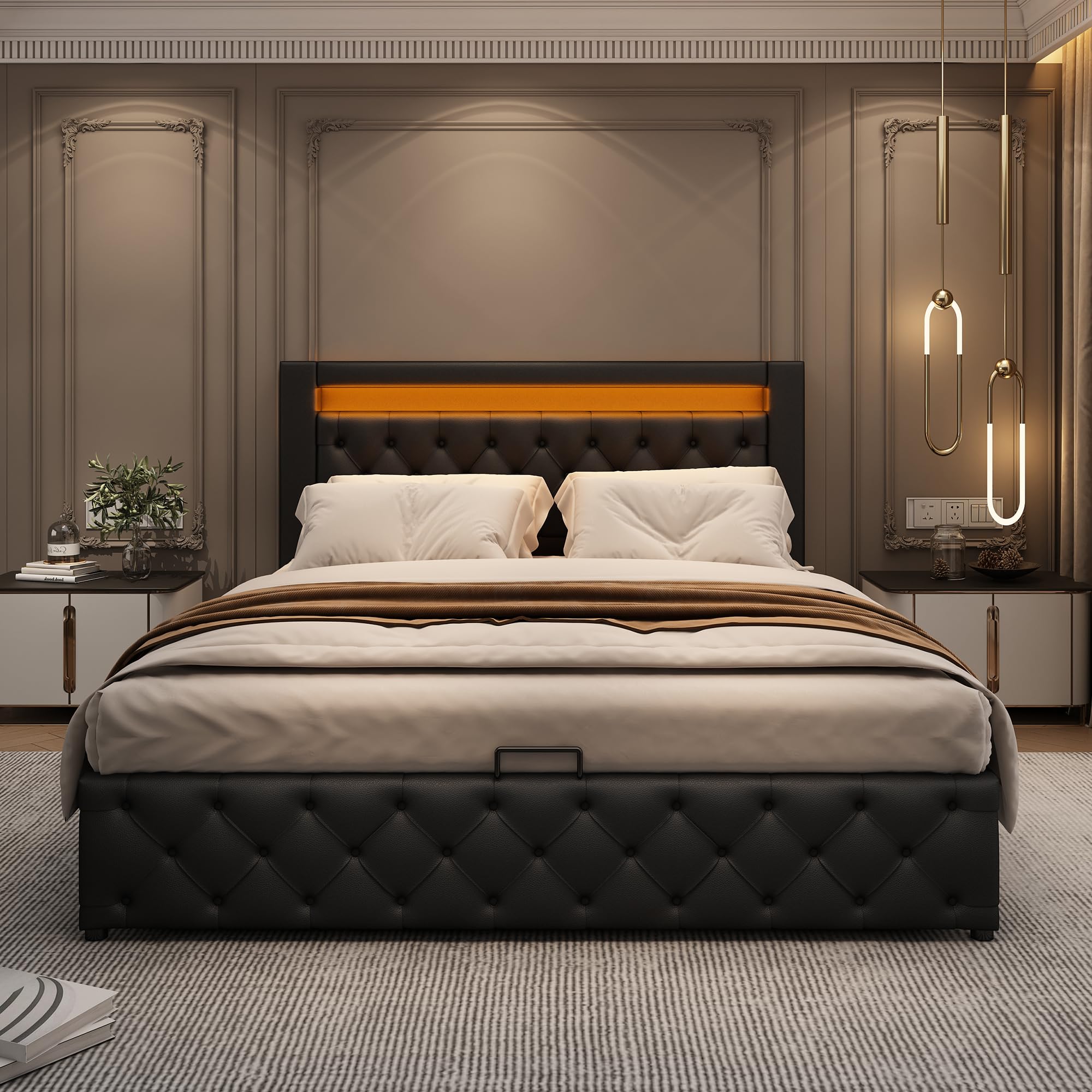 BTM Upholstered Double Bed Frame 135 x 190 cm, Double LED Bed with Lighting in 16 colors, Double Bed with Storage, PU Leather — image 1