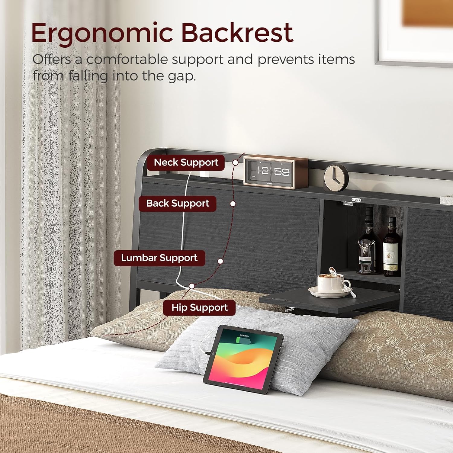 Headboard Queen Size Only, Headboard with 2 Power Strips, Industrial Head Board with Flip Door and Bed Frame Adapter, Height Adjustable, Black