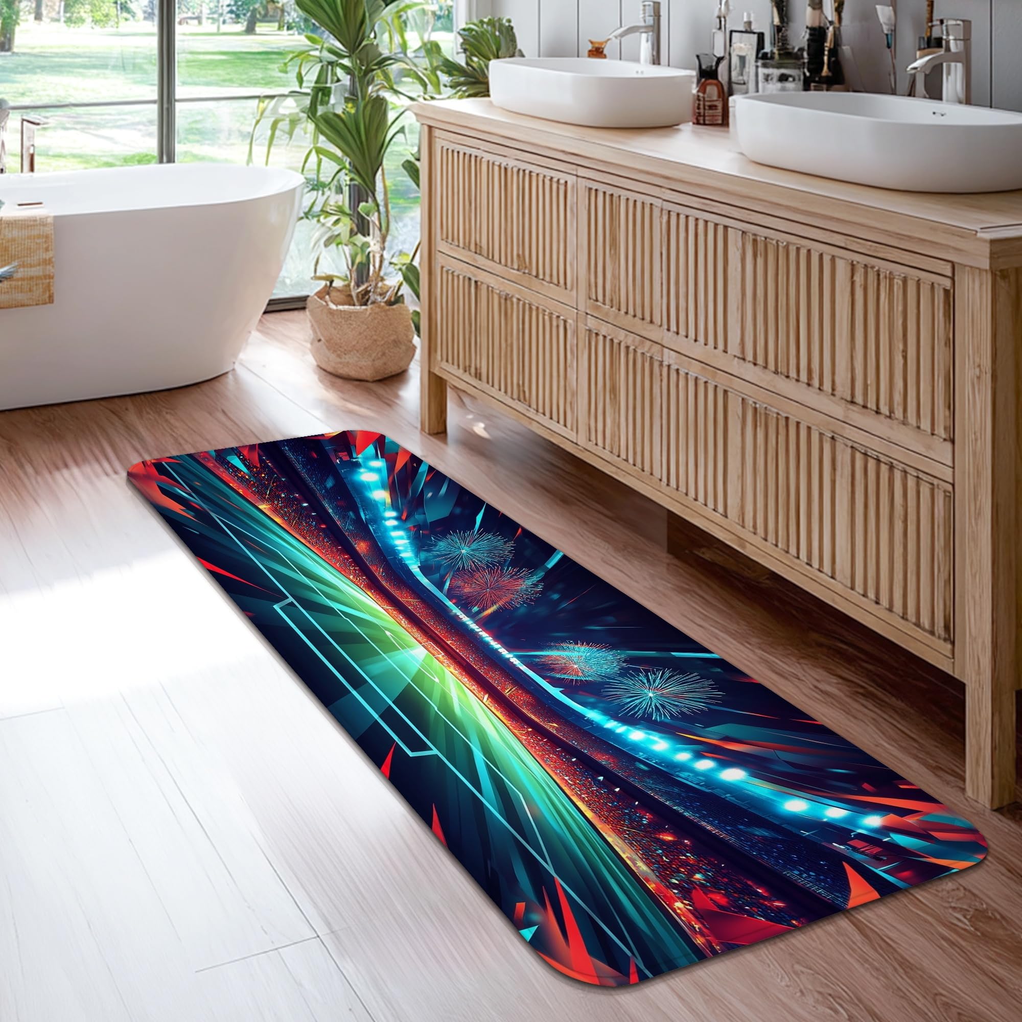 Tapis de couloir bleu géométrique 6x1,8 m à poils ras pour entrée