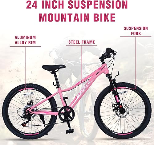 Miniatura 6 de Bicicleta de montaña de 24 pulgadas para niños de 9 a 12, Shimano rosa de 6 velocidades con suspensión delantera y frenos de disco, bicicleta de