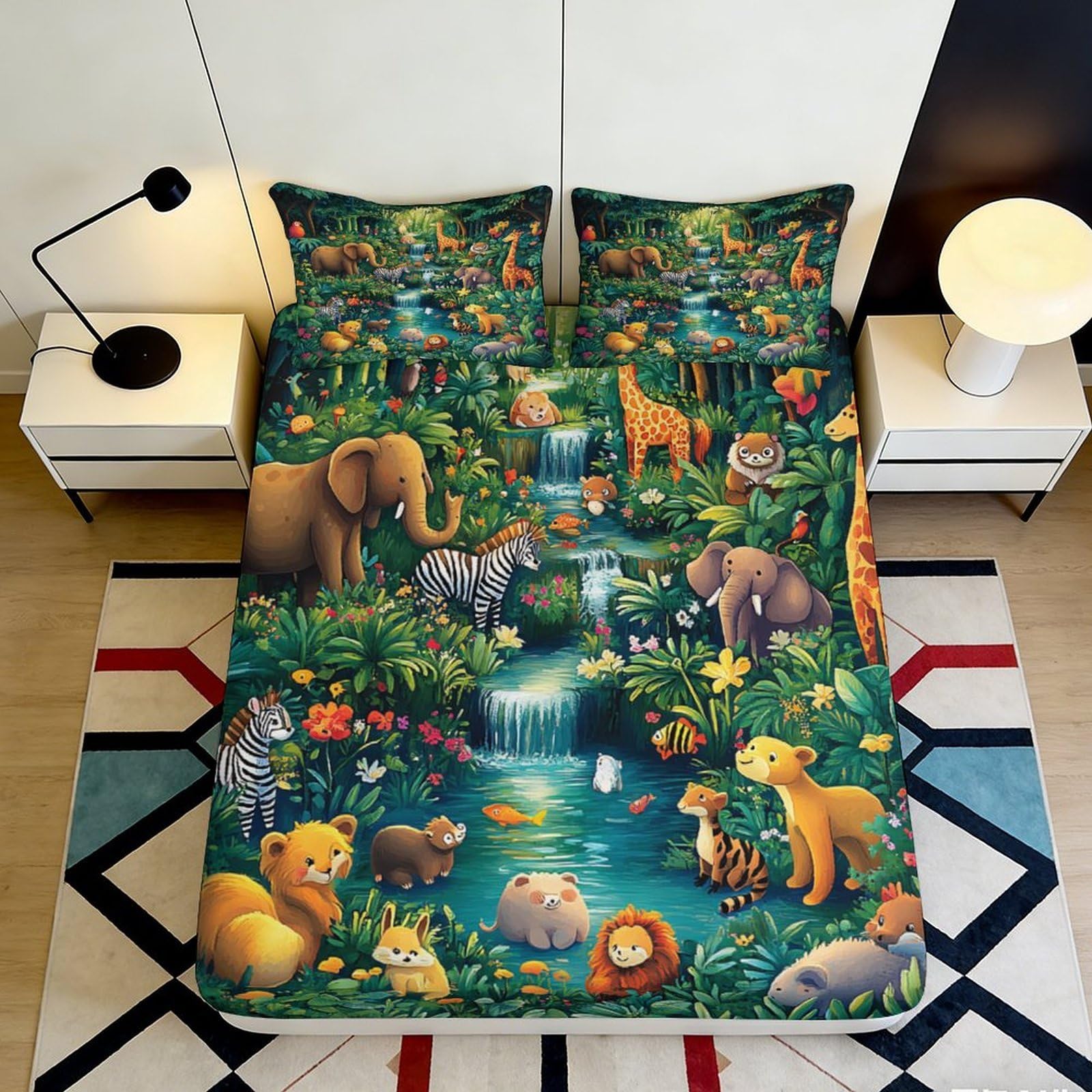 3D Printed Jungle Animals Fitted Sheet Microfiber Soft Breathable Forest Waterfall Bed Cover for Bedroom Dormitory Guest Room Mattress Protection 180x200x25cm