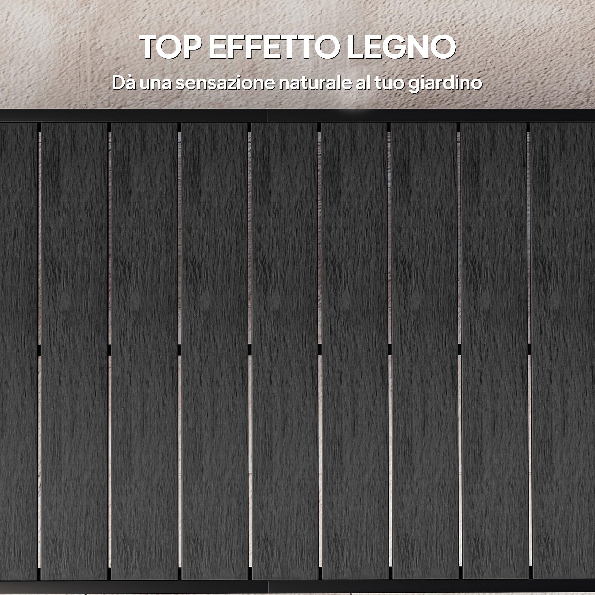 Outsunny Tavolo da Giardino con Piano Effetto Legno 190x90 cm per 8 Persone, Tavola da Pranzo da Esterno Rettangolare in Alluminio e Plastica, Per Patio, Terrazzo, Balcone, Nero
