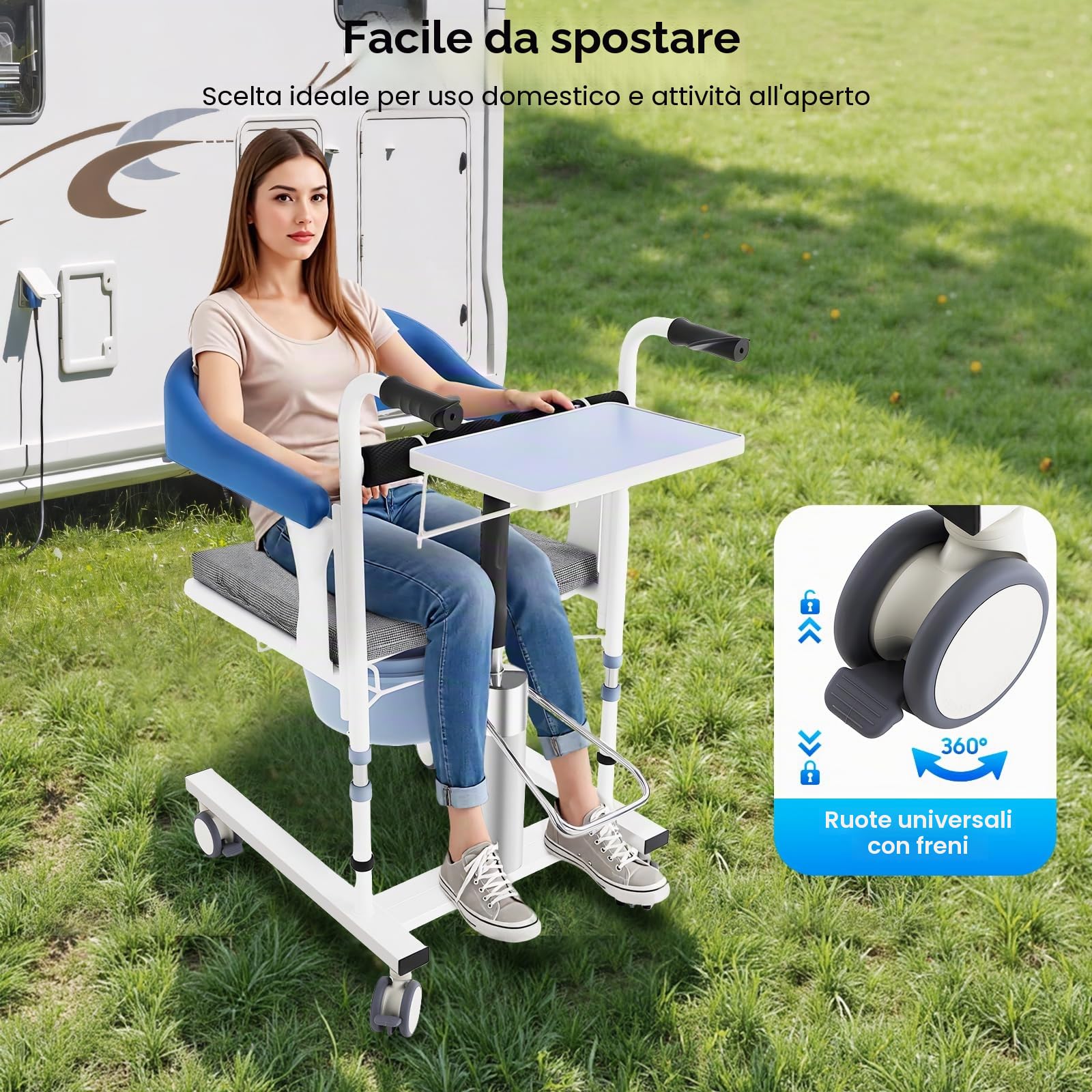 Sollevatore idraulico, sedia di trasferimento per pazienti, regolabile in altezza, capacità di carico 100 kg, maniglie antiscivolo, seduta divisa a 180°, sedia da doccia (blu)