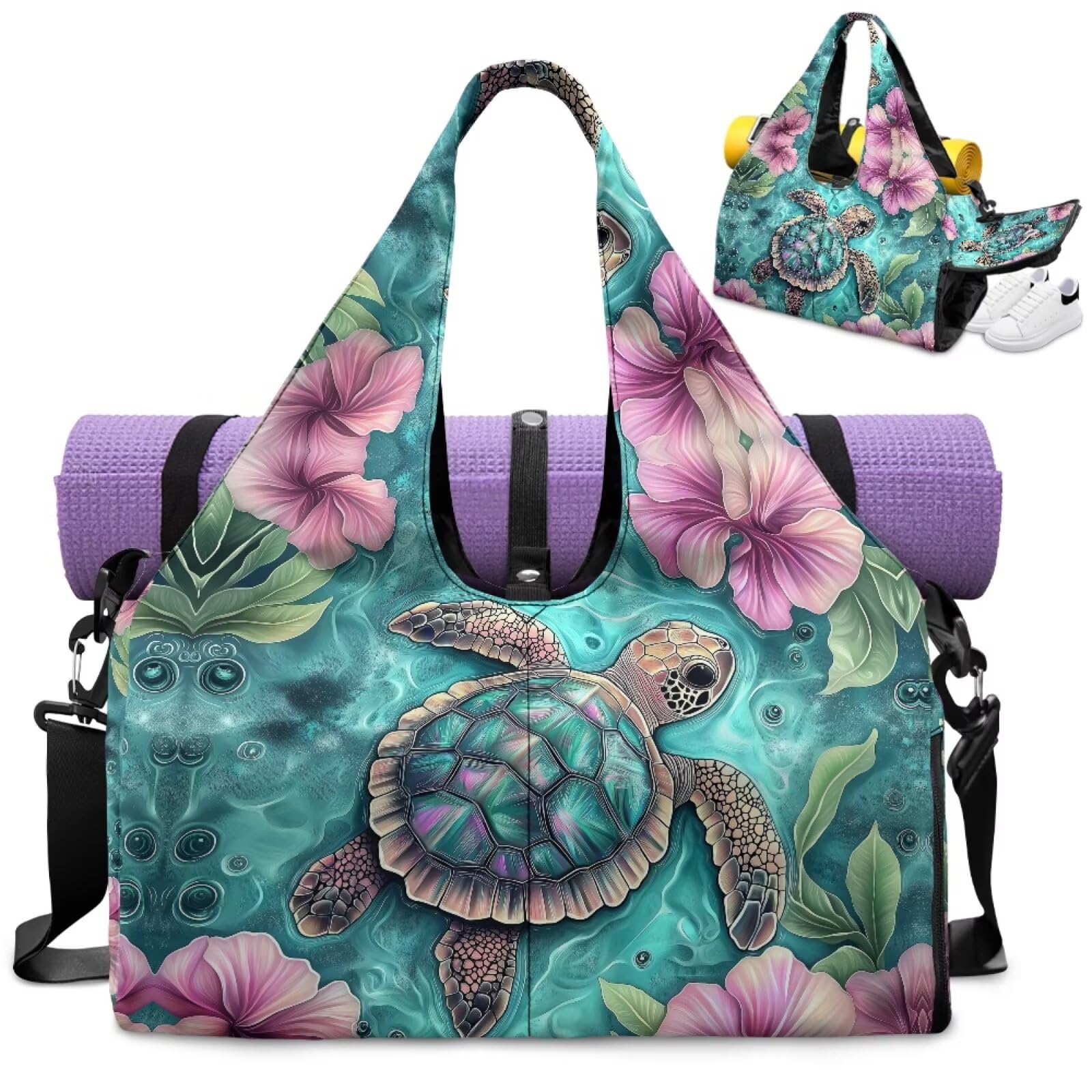 Dngkaoje Animals Sea Tuetle Yoga Bag for Women with Shoe Compartment and Yoga Mat Carrier Hawaiian Sea Turtle Print Pilates Tote Bag for Women Cute Lightweight Pilates Shoulder Tote Bag
