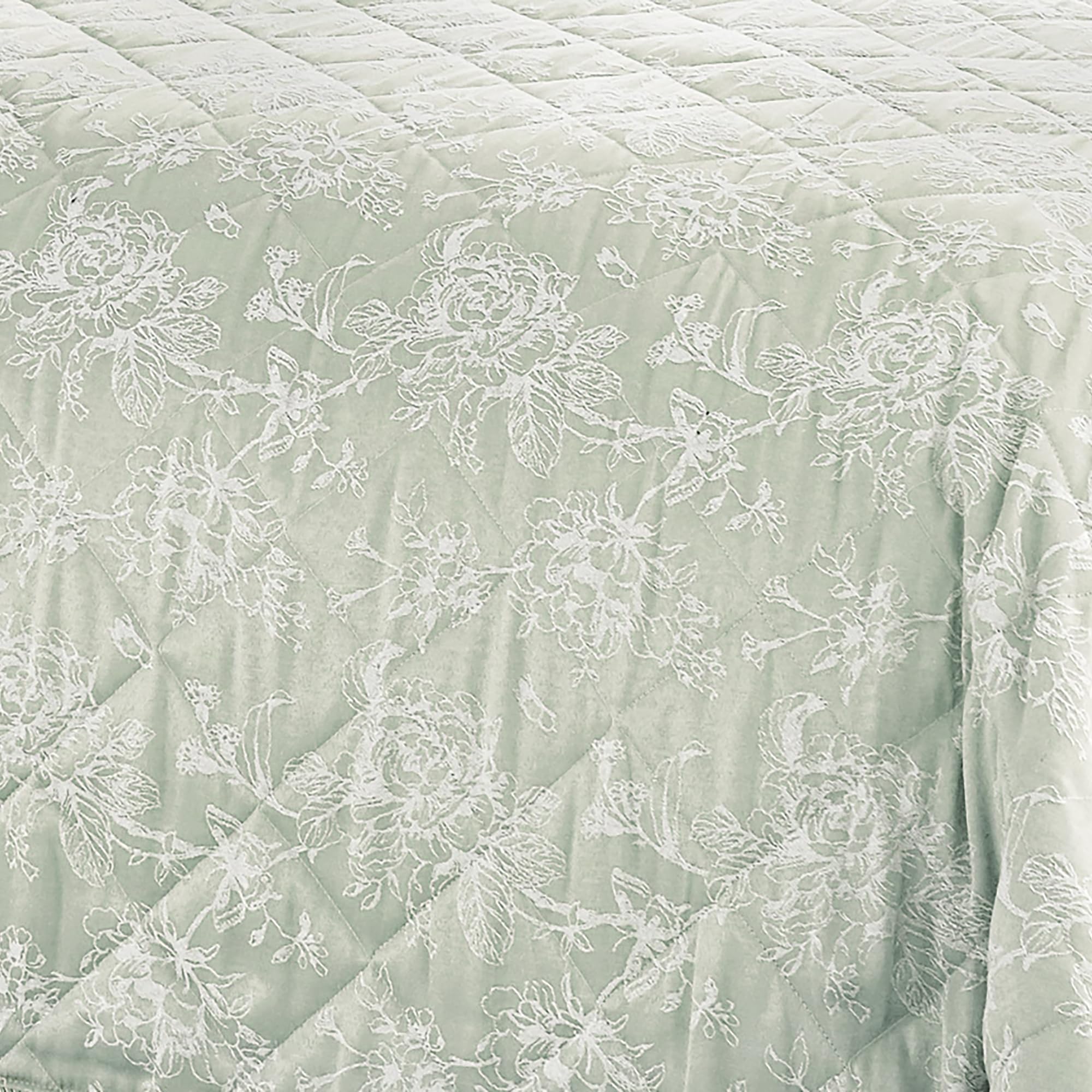 Dreams & Drapes Green Woven Cotton-Polyester Bedspread, Silver, 240 X 220 Cm, Jacquard Floral Pattern, Quilted With Rope Border