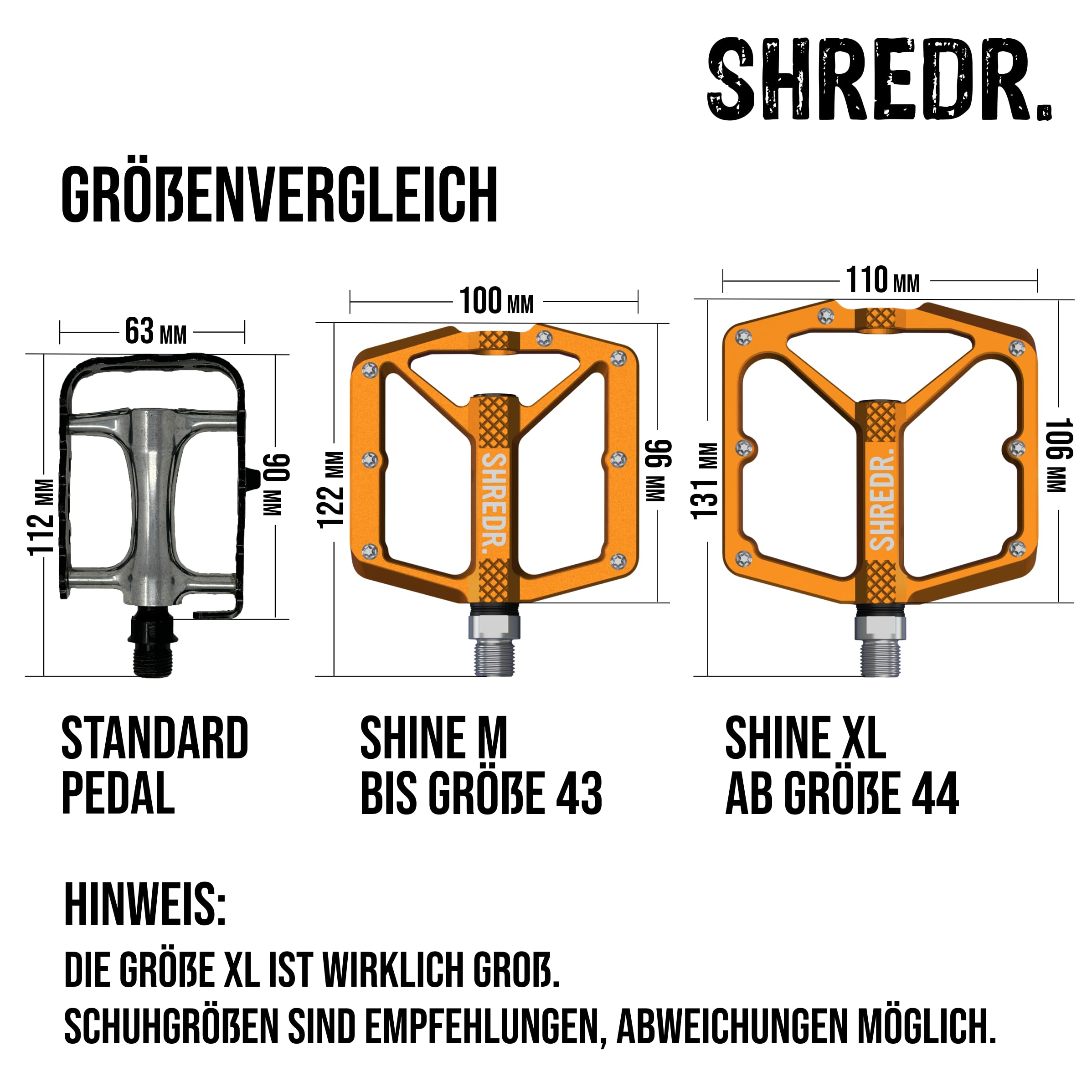 Shine - Pédales plates de qualité supérieure pour VTT - Avec réflecteurs (conformes à la StVZO) - 2 tailles