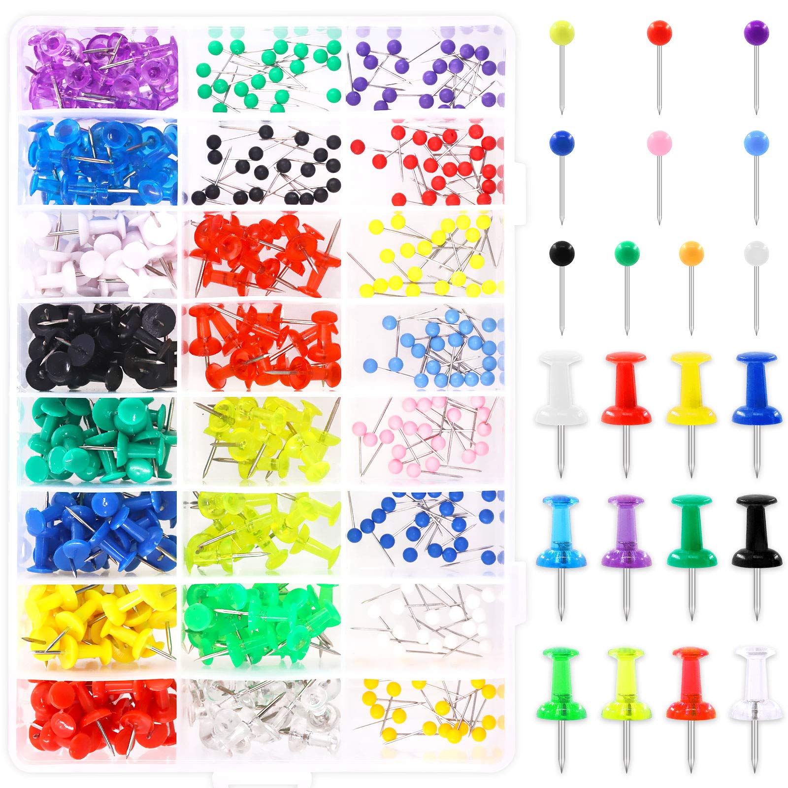 Keadic 440 Pieces Colored Push Pins Map Thumb Tacks Assortment Kit, Decorative with Steel Point and Round & I-Shaped Plastic Head for Cork Bulletin Board, Picture Hanging at Home Office School