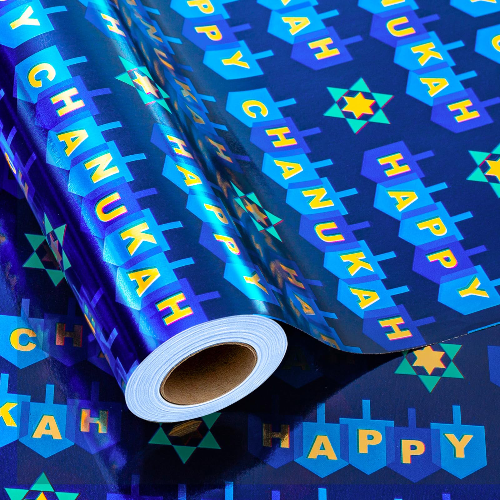 MAYPLUSS Reversible Wrapping Paper - Mini Roll - 17in * 32.8 Feet- Happy Hanukkah Lettering with Glitter Metallic Foil (47.3 sq.ft.ttl) for Chanukkah,Christmas โ image 1