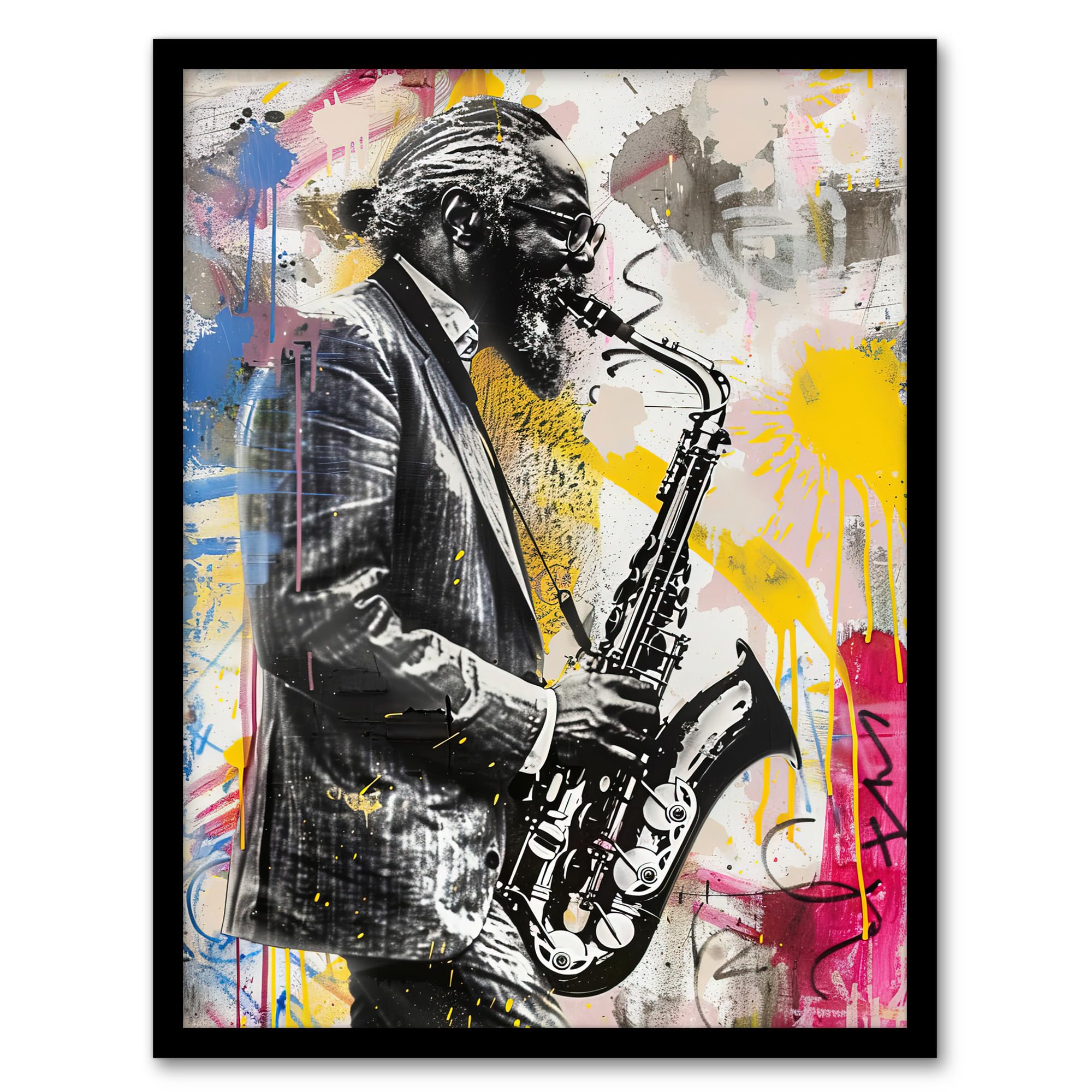 Artery8 - Street Art Graffiti Framed Print - Old Saxophone Player Portrait - A4
