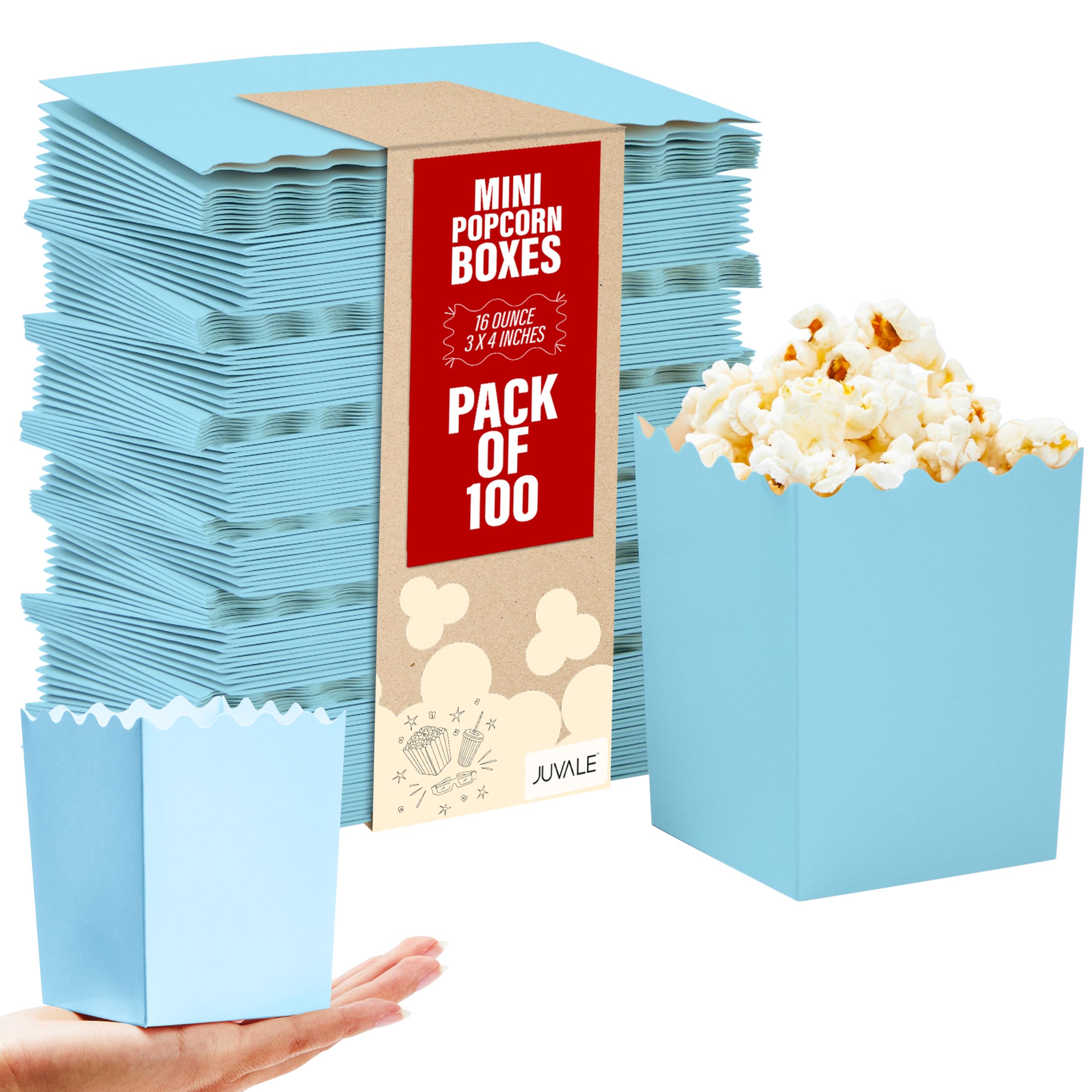 Juvale Mini Popcorn Boxes Pastel Blue – 100 Pack Small Paper Snack Containers for Party Favors, Movie Nights, Candy &amp; Chips – Easy Assembly Scalloped Edge Popcorn Holders for Birthdays &amp; Events