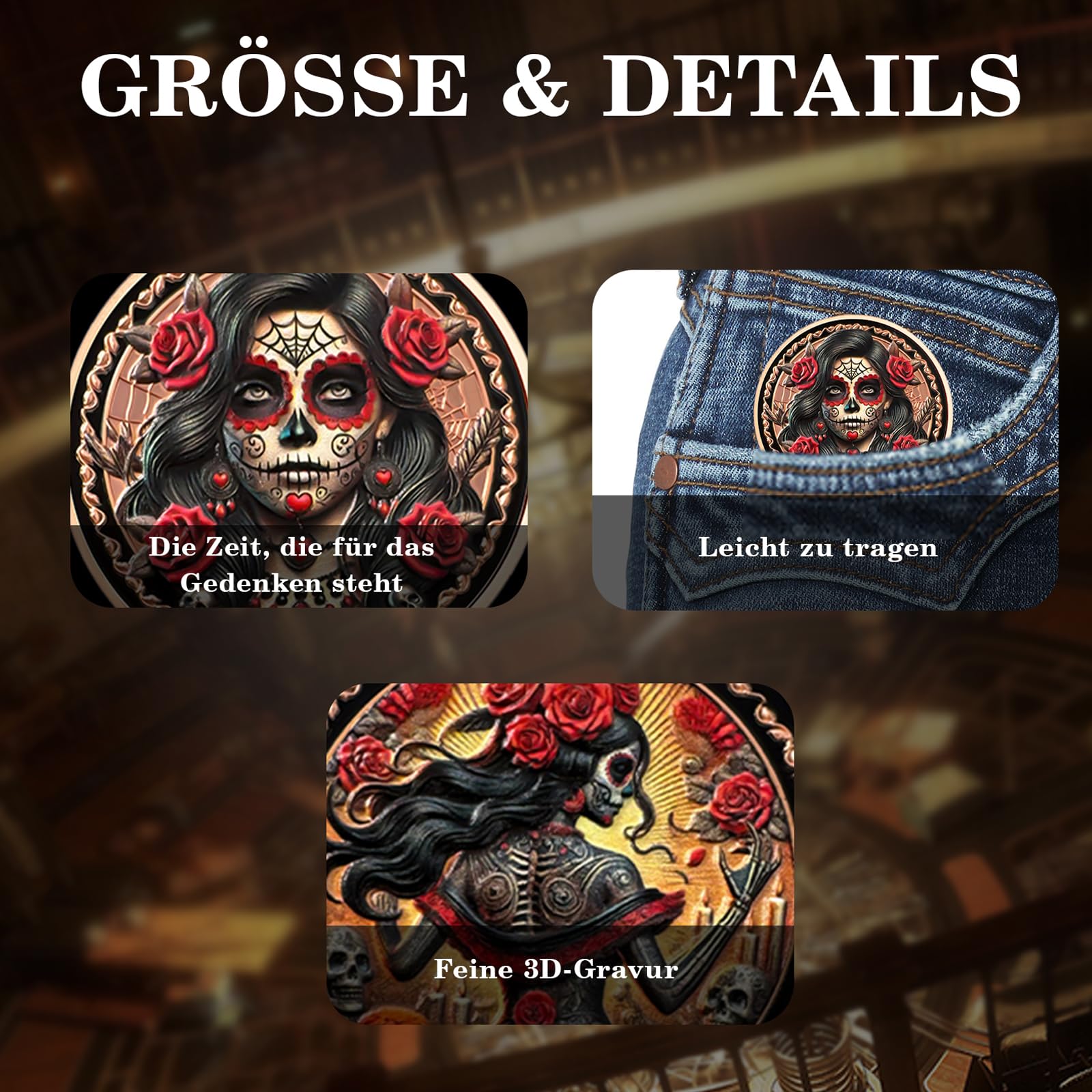 AtSKnSK Memento Mori Moneda – Rosas Calavera Moneda para mujer, recuerdo y regalo para hombre y mujer