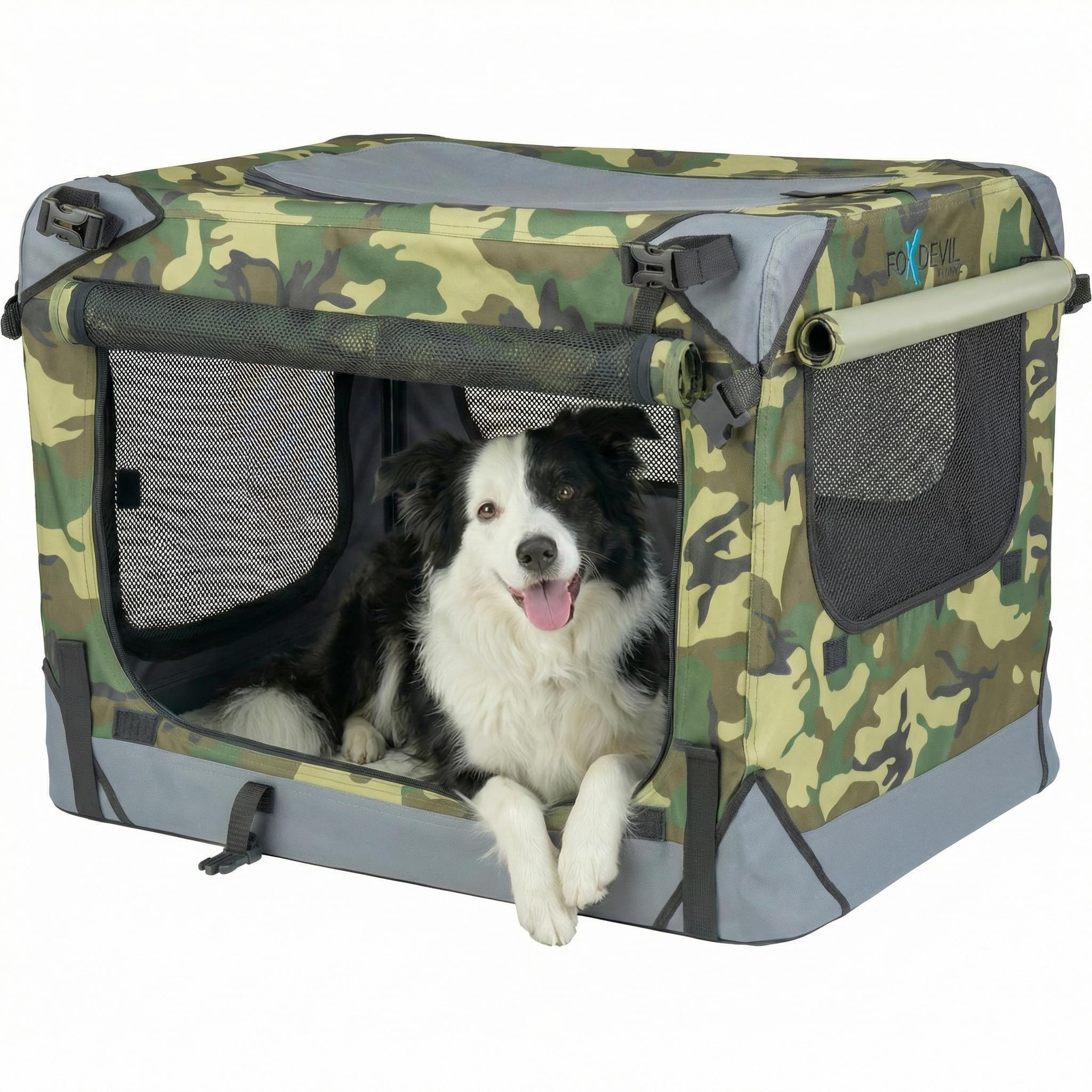 Foxdevil by xonic® Faltbare Hundebox/Katzenbox für kleine, mittelgroße und große Tiere - Hundetransportbox Auto und Zuhause - Transportbox Hund - Hundebox Auto Kofferraum (Camouflage, S)