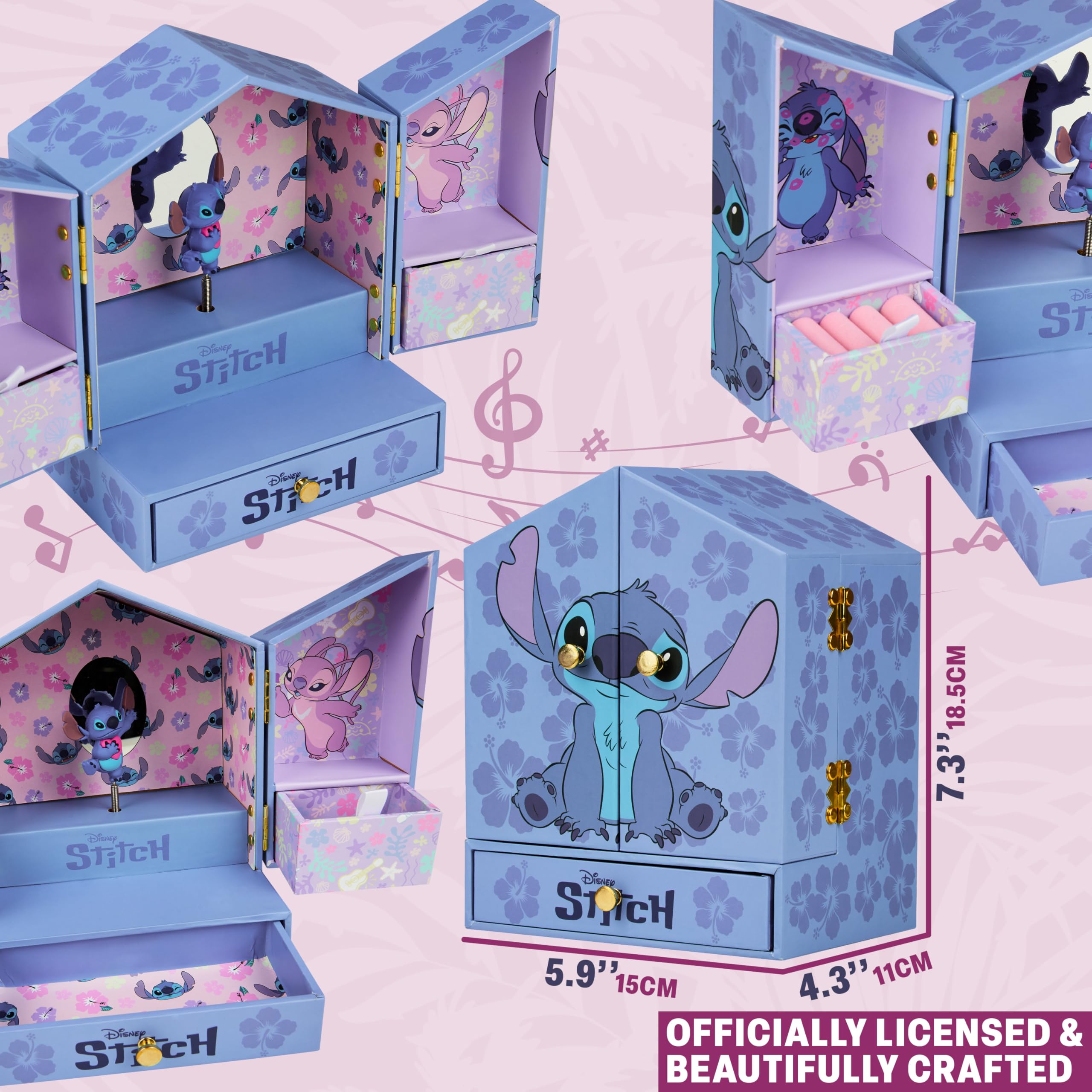 Disney Stitch Joyero Musical Niña Caja Decorativa con Espejo y Cajones Azul