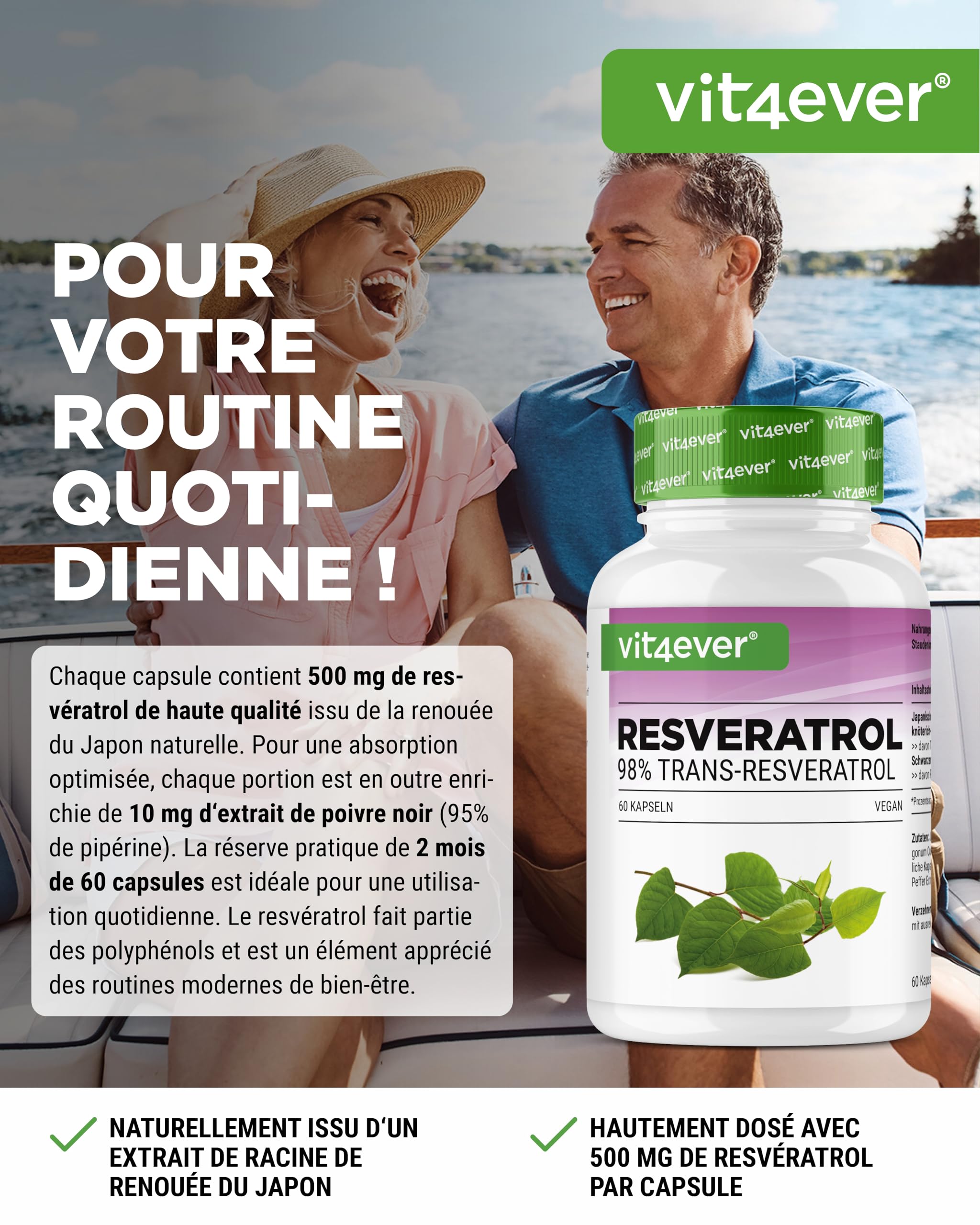 Resvératrol - 520 mg par Gélule - 98% Trans-Resvératrol de l'Extrait de Racine de Renouée du Japon 100:1 + Pipérine pour une Biodisponibilité Optimisée - 60 Gélules - Hautement Dosé - Vegan
