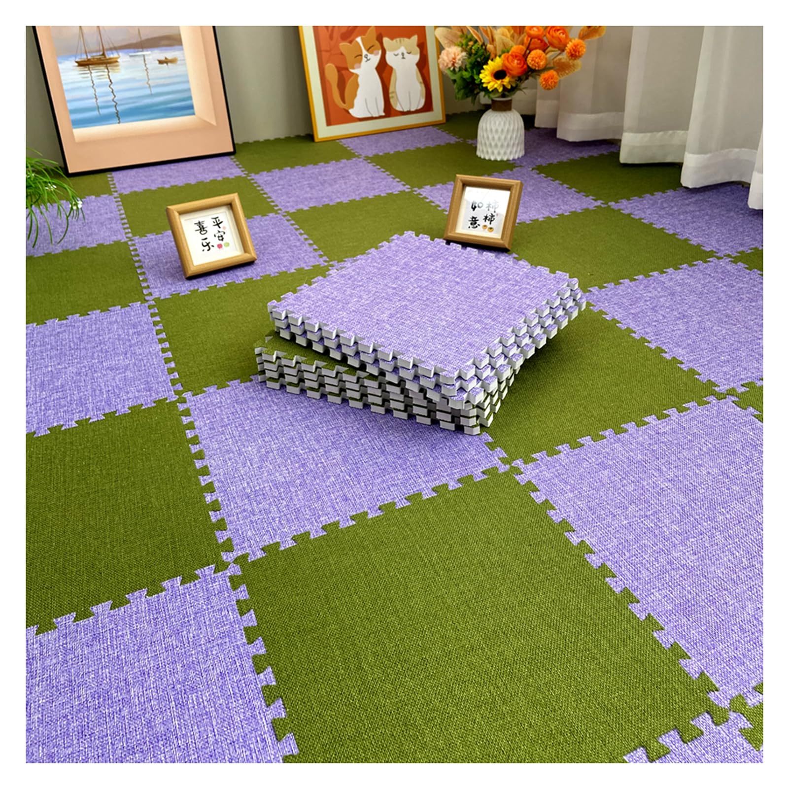 Palymaty 10 sztuk Puzzle kwadraty dywanowe, blokujące płytki dywanowe tkanina lniana górna, piankowe płytki podłogowe, maty do zabawy w puzzle na podłogę, 12x12 cali(Green+purple)
