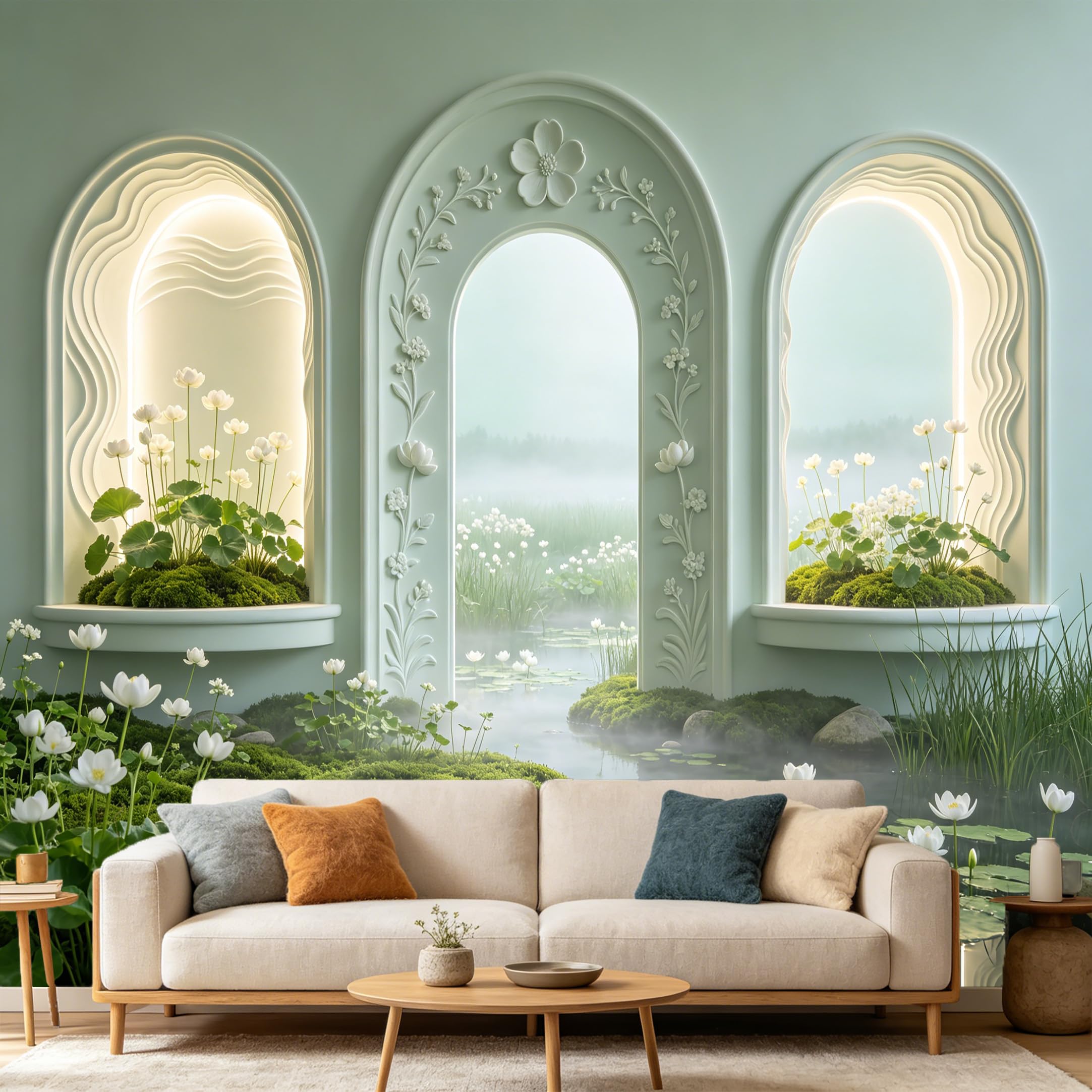 Custom Size Wall Mural， Minimalist 3D Archway Pond White Lotus Botanical Landscape， SelfAdhesive Art Prints wall Fabric Removable Large Wallpaper Home Living Room Decor
